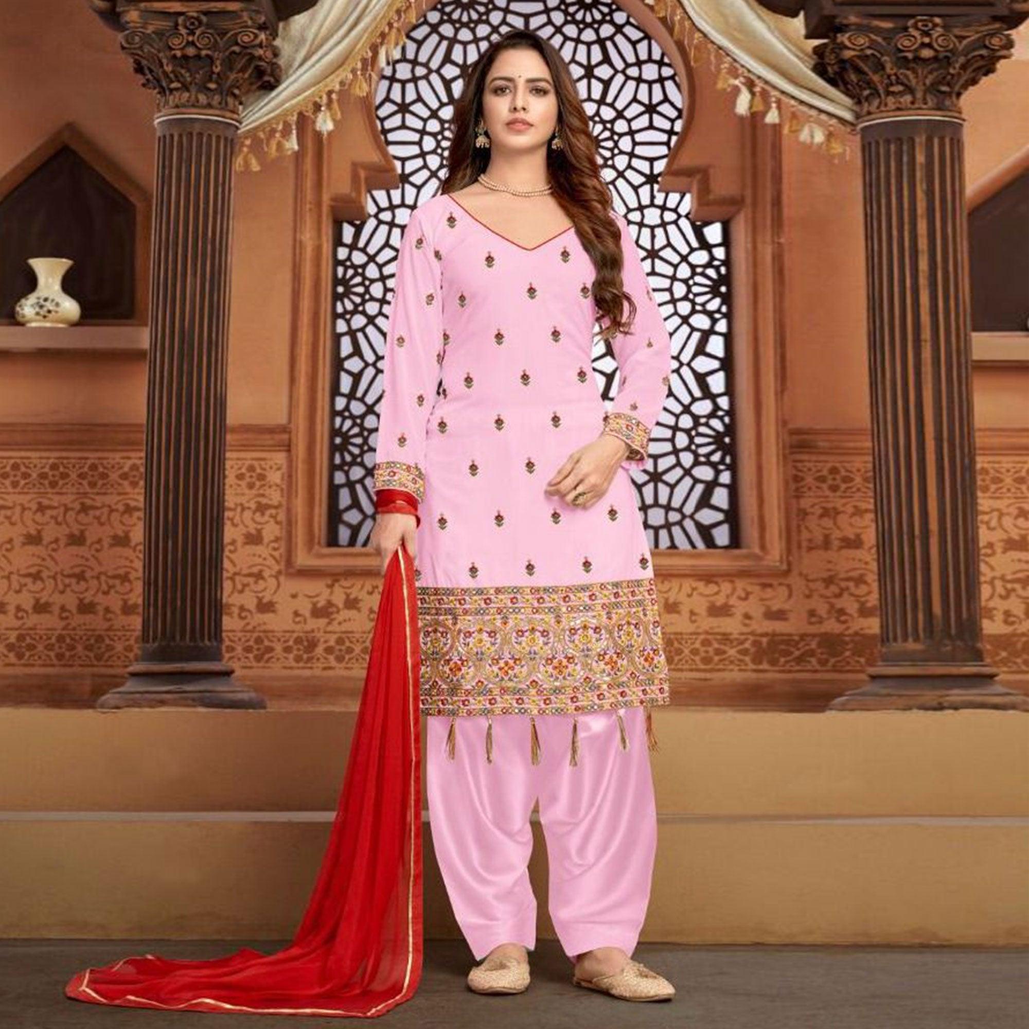 Pink Partywear Embroidered Faux Georgette Patiala Suit - Peachmode