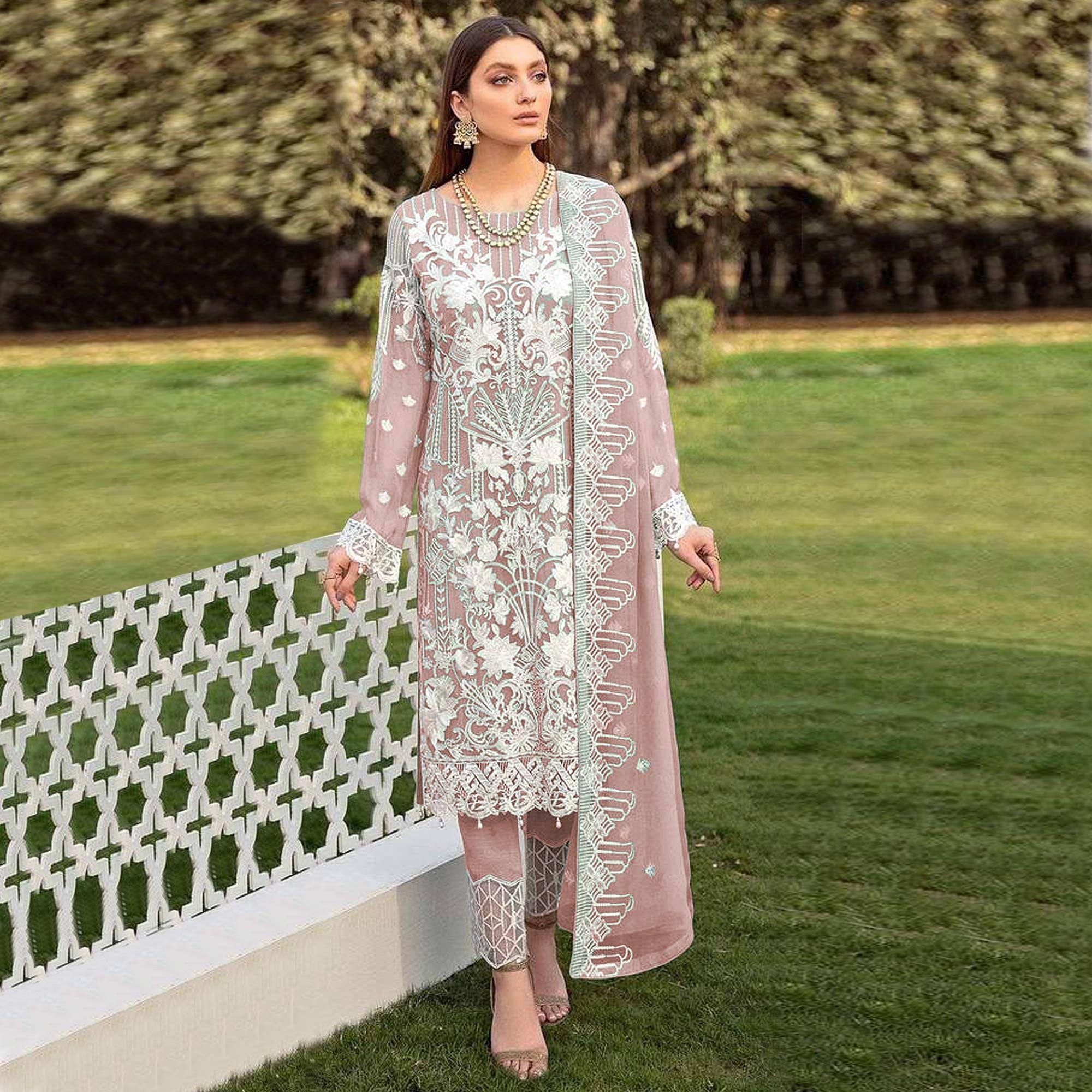 Pink Partywear Embroidered Faux Georgette Straight Pakistani Suit - Peachmode