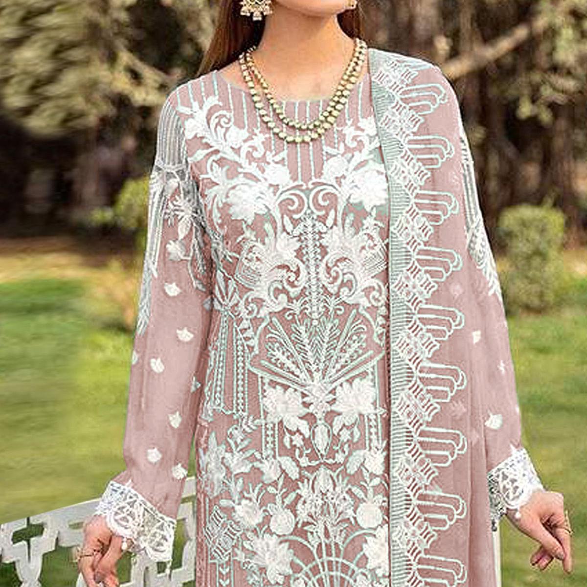 Pink Partywear Embroidered Faux Georgette Straight Pakistani Suit - Peachmode