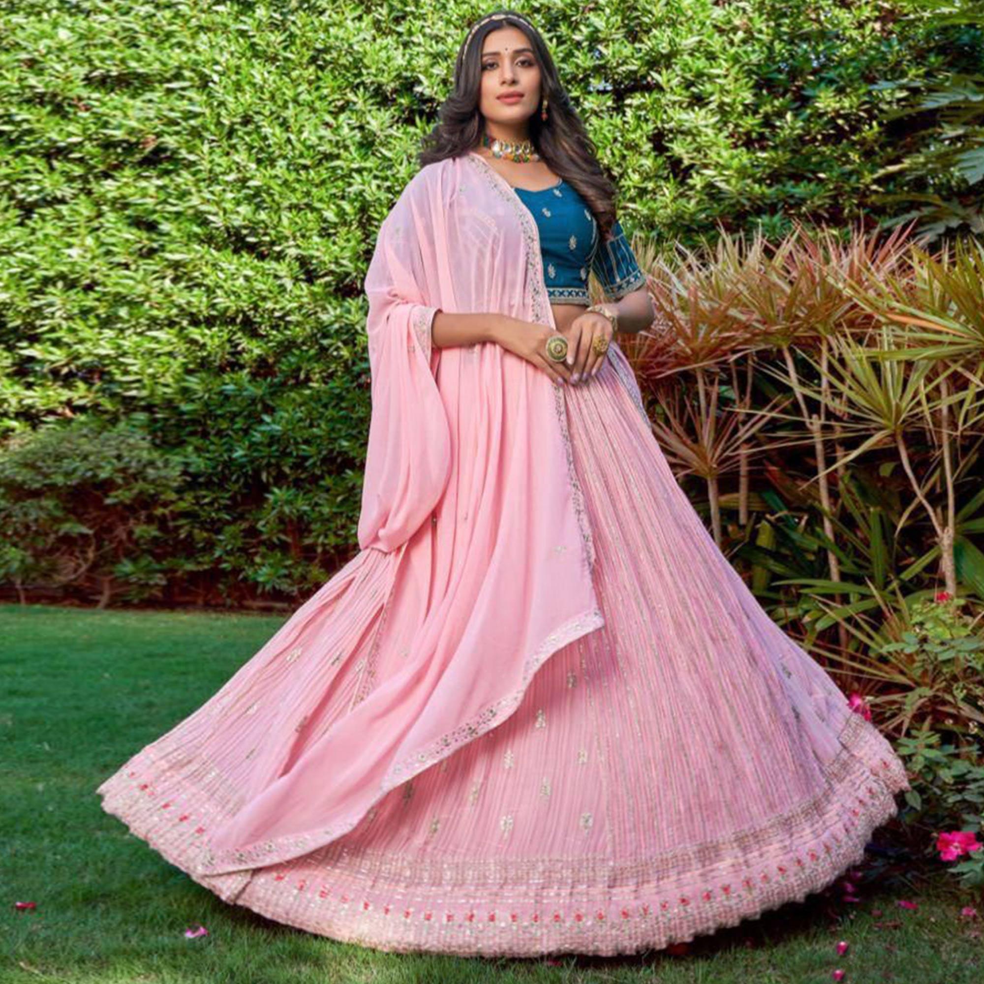 Pink Partywear Embroidered Georgette Lehenga Choli - Peachmode