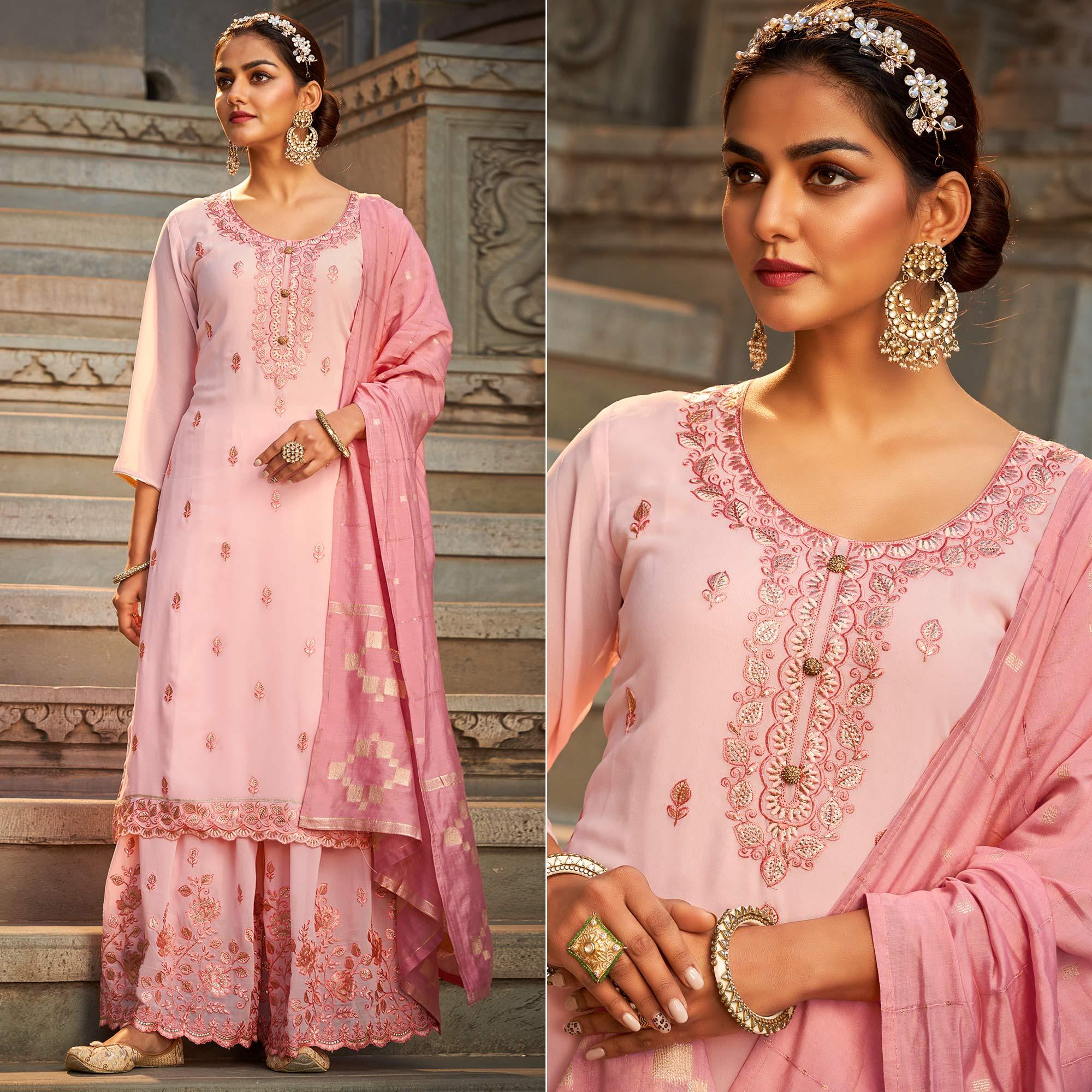 Pink Partywear Embroidered Georgette Palazzo Suit - Peachmode