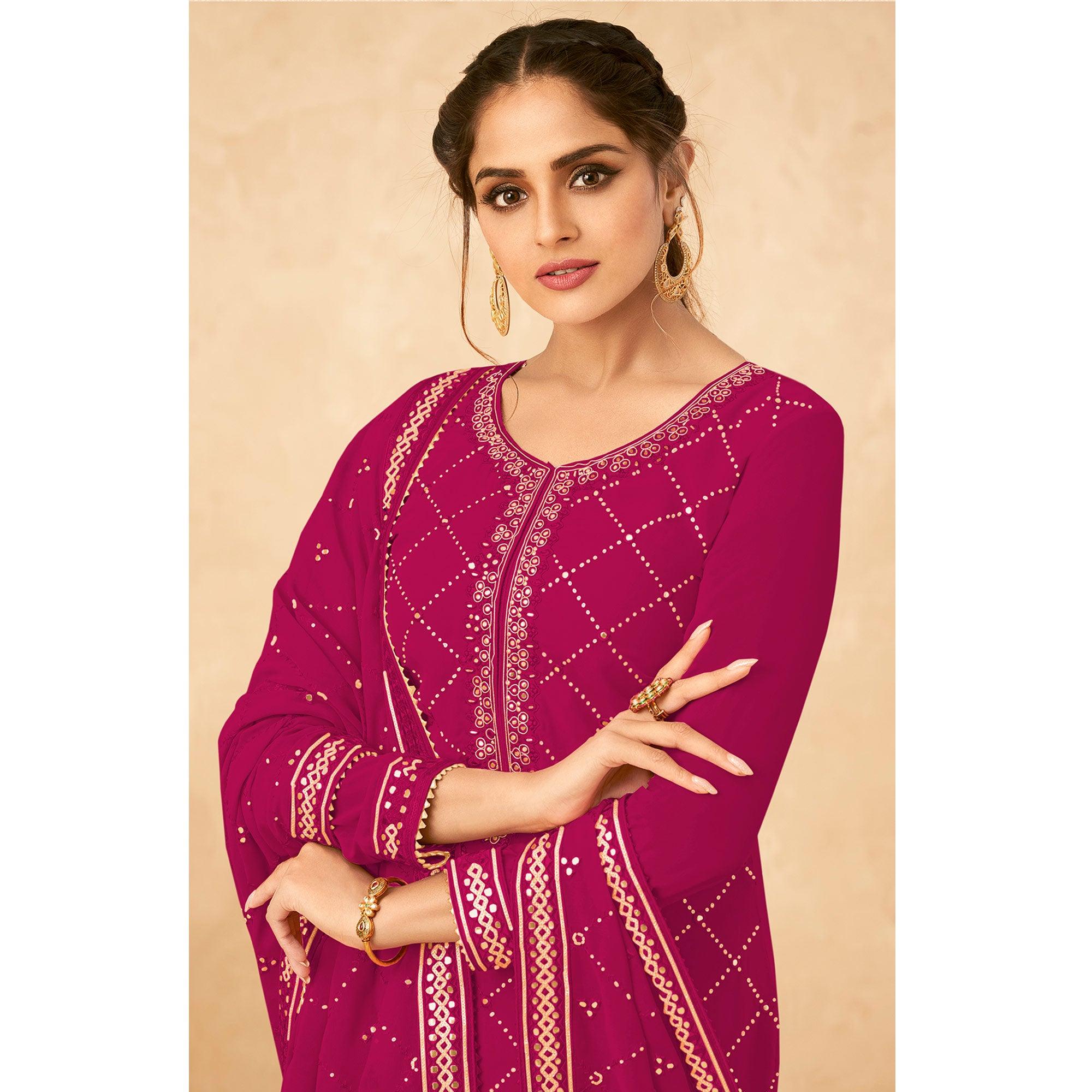 Pink Partywear Embroidered Georgette Palazzo Suit - Peachmode