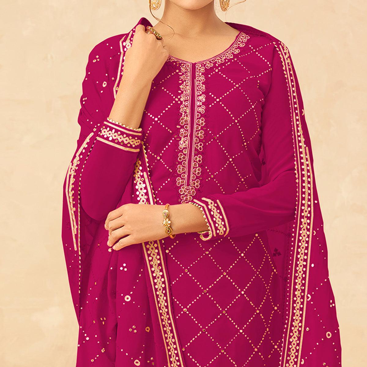 Pink Partywear Embroidered Georgette Palazzo Suit - Peachmode