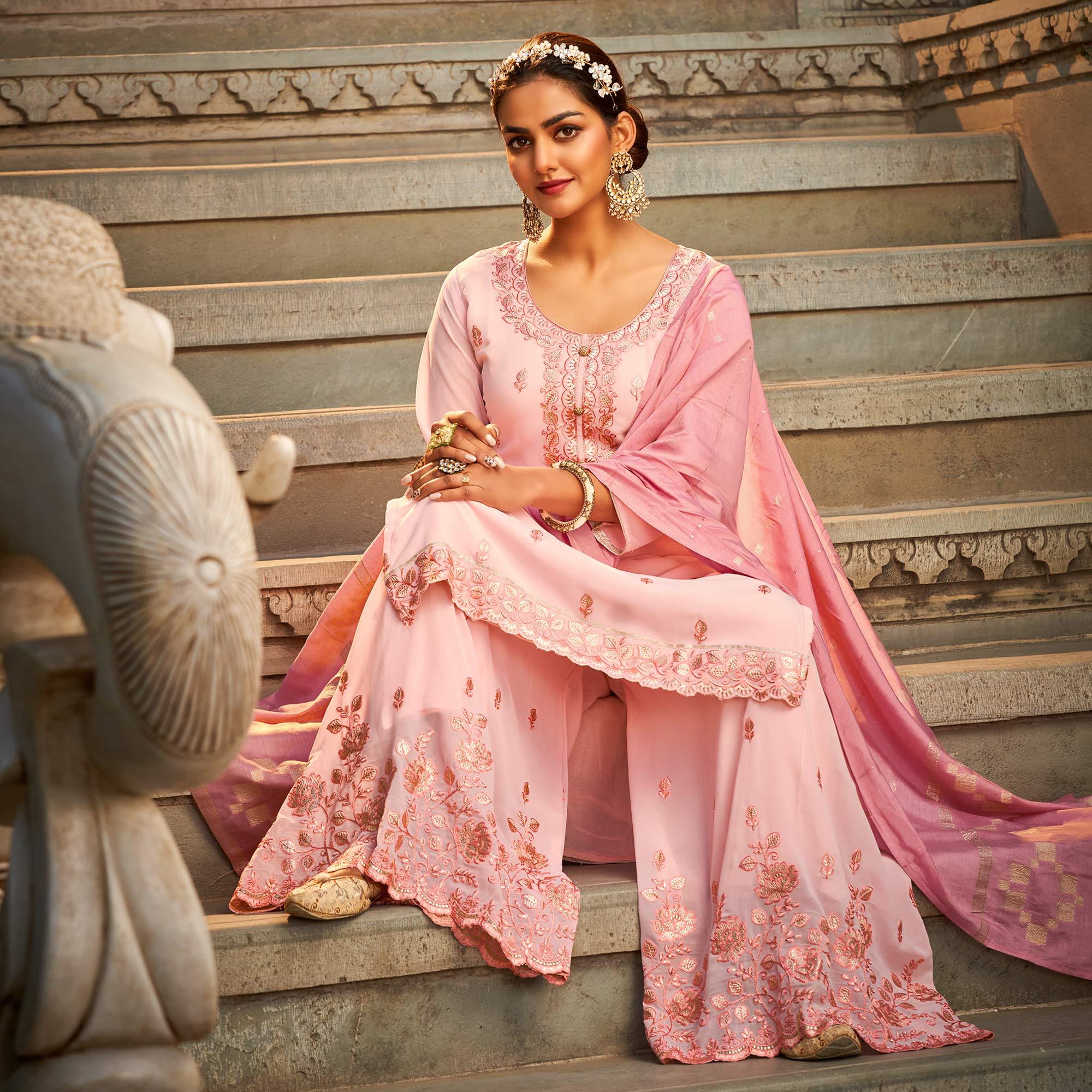 Pink Partywear Embroidered Georgette Palazzo Suit - Peachmode