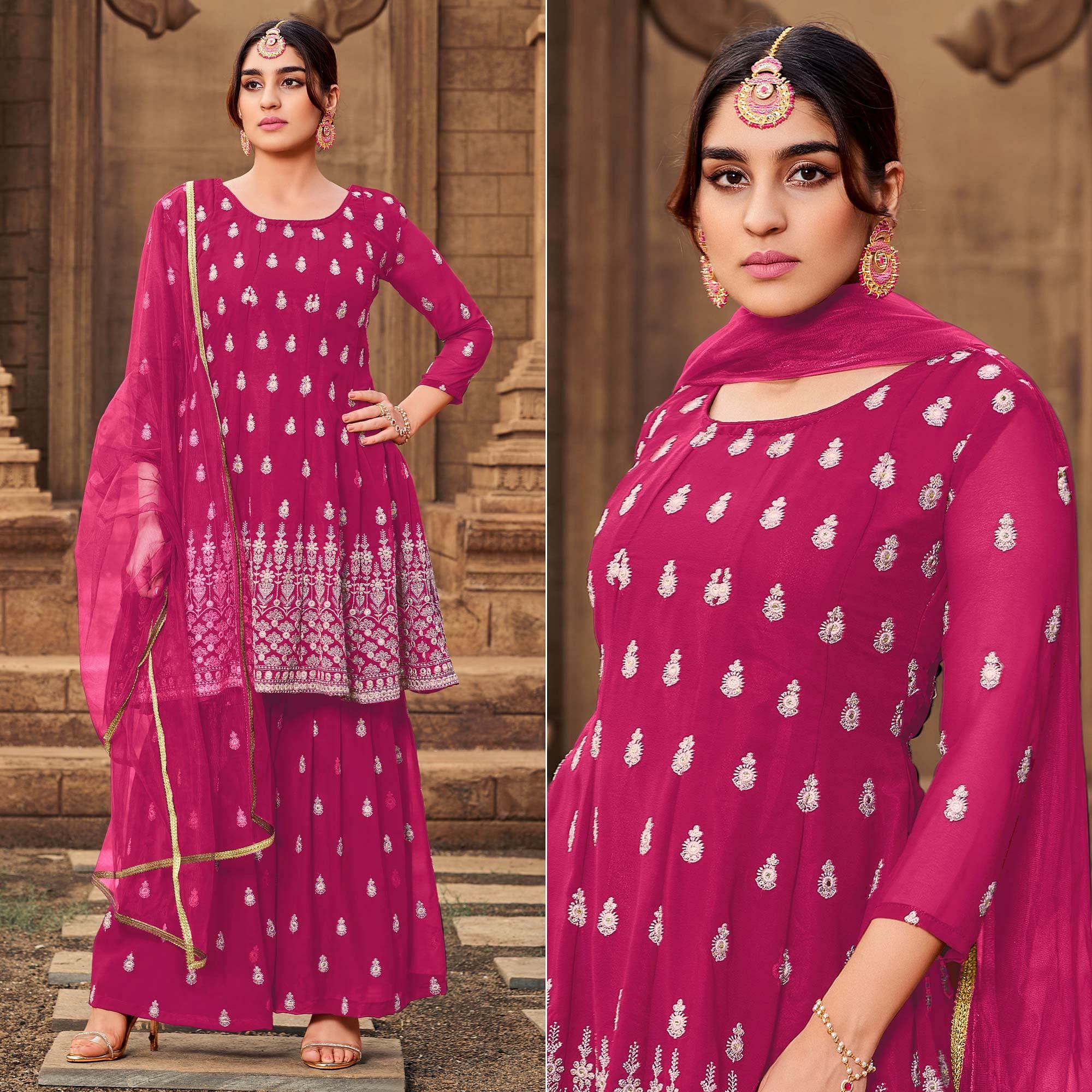 Pink Partywear Embroidered Georgette Sharara Suit - Peachmode