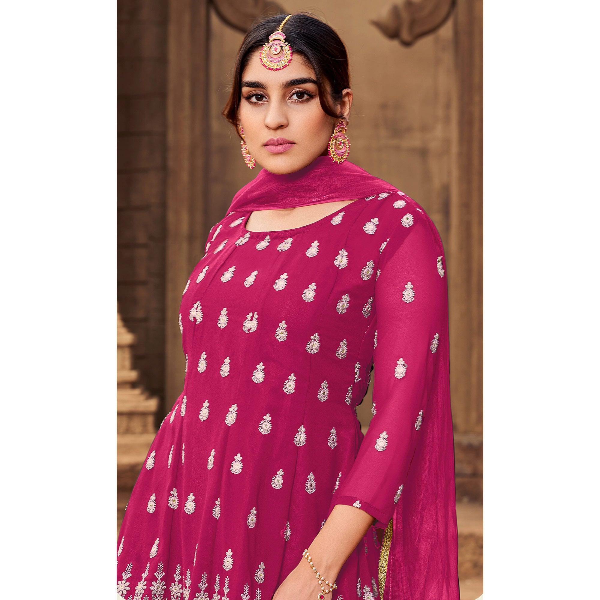 Pink Partywear Embroidered Georgette Sharara Suit - Peachmode