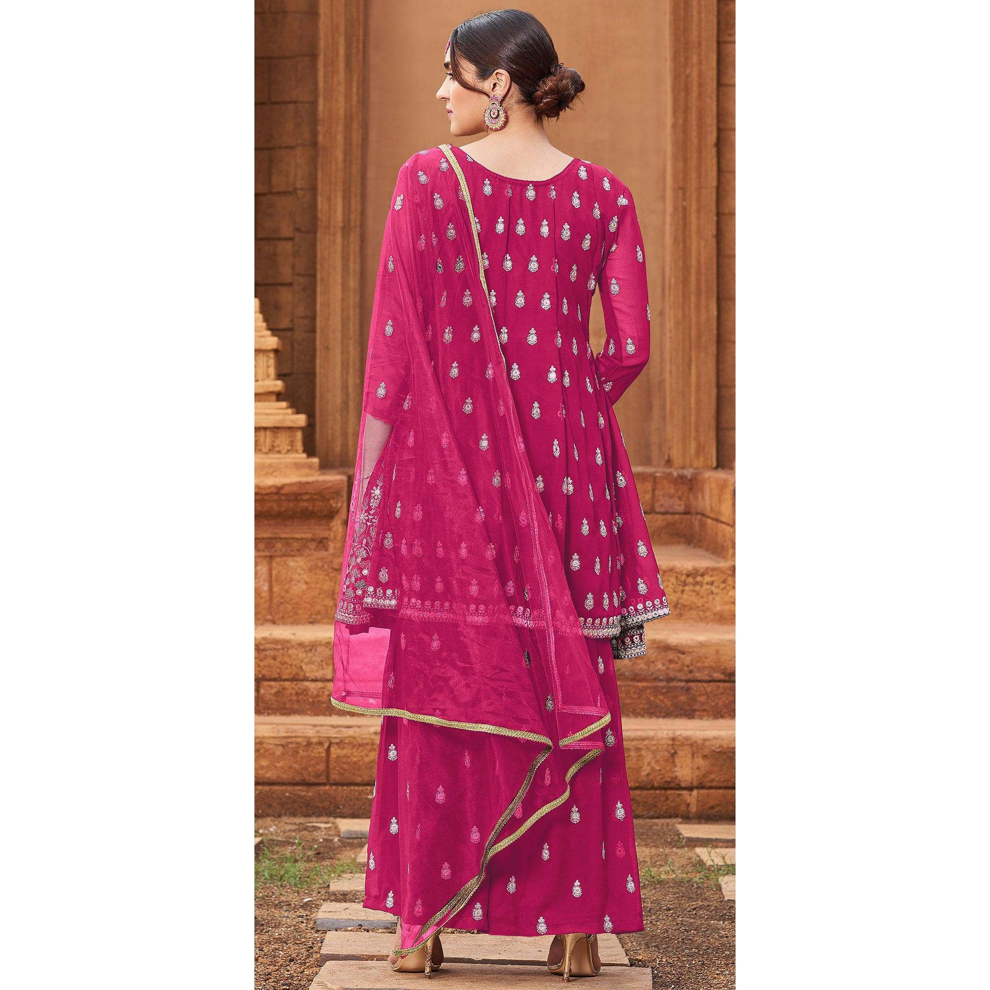 Pink Partywear Embroidered Georgette Sharara Suit - Peachmode