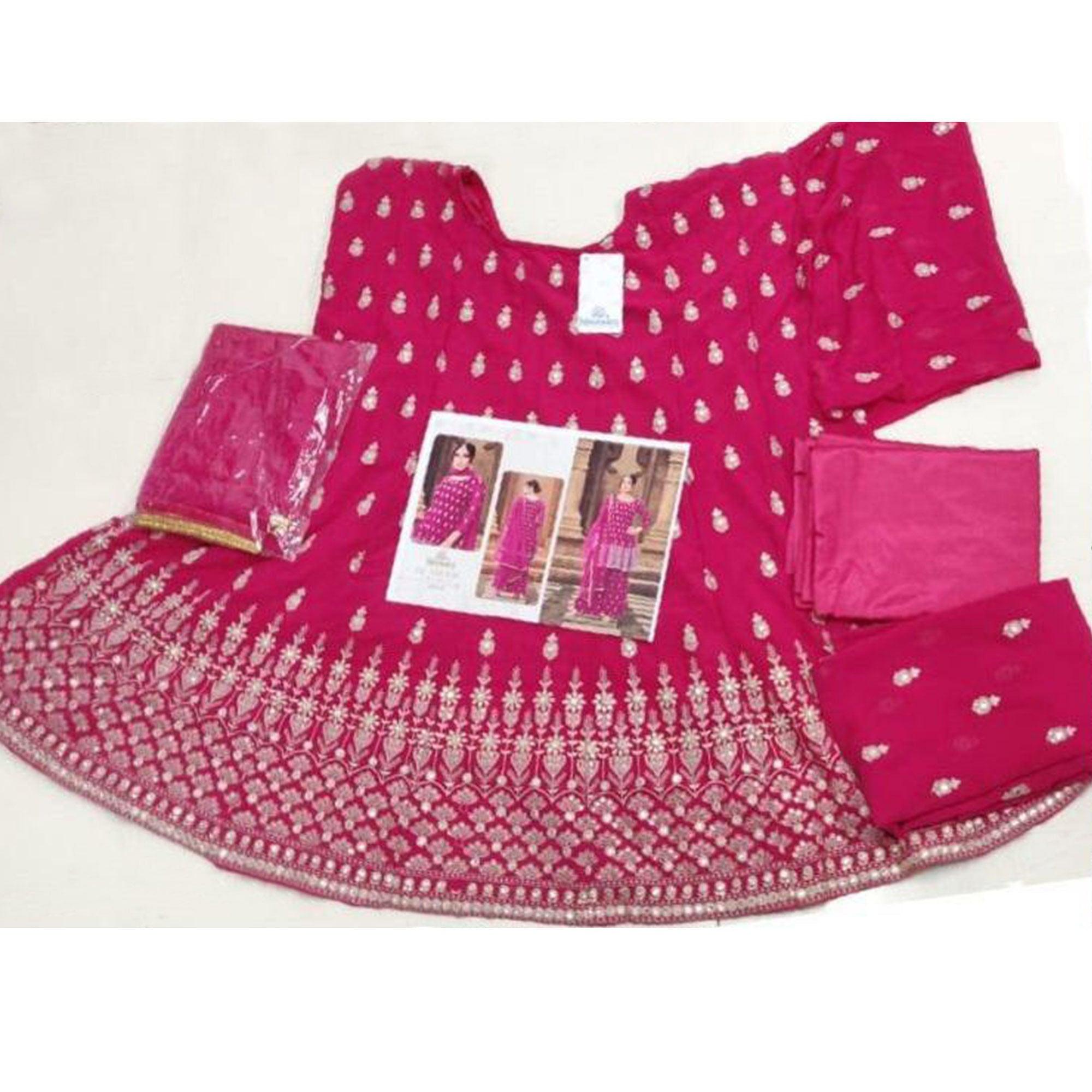 Pink Partywear Embroidered Georgette Sharara Suit - Peachmode