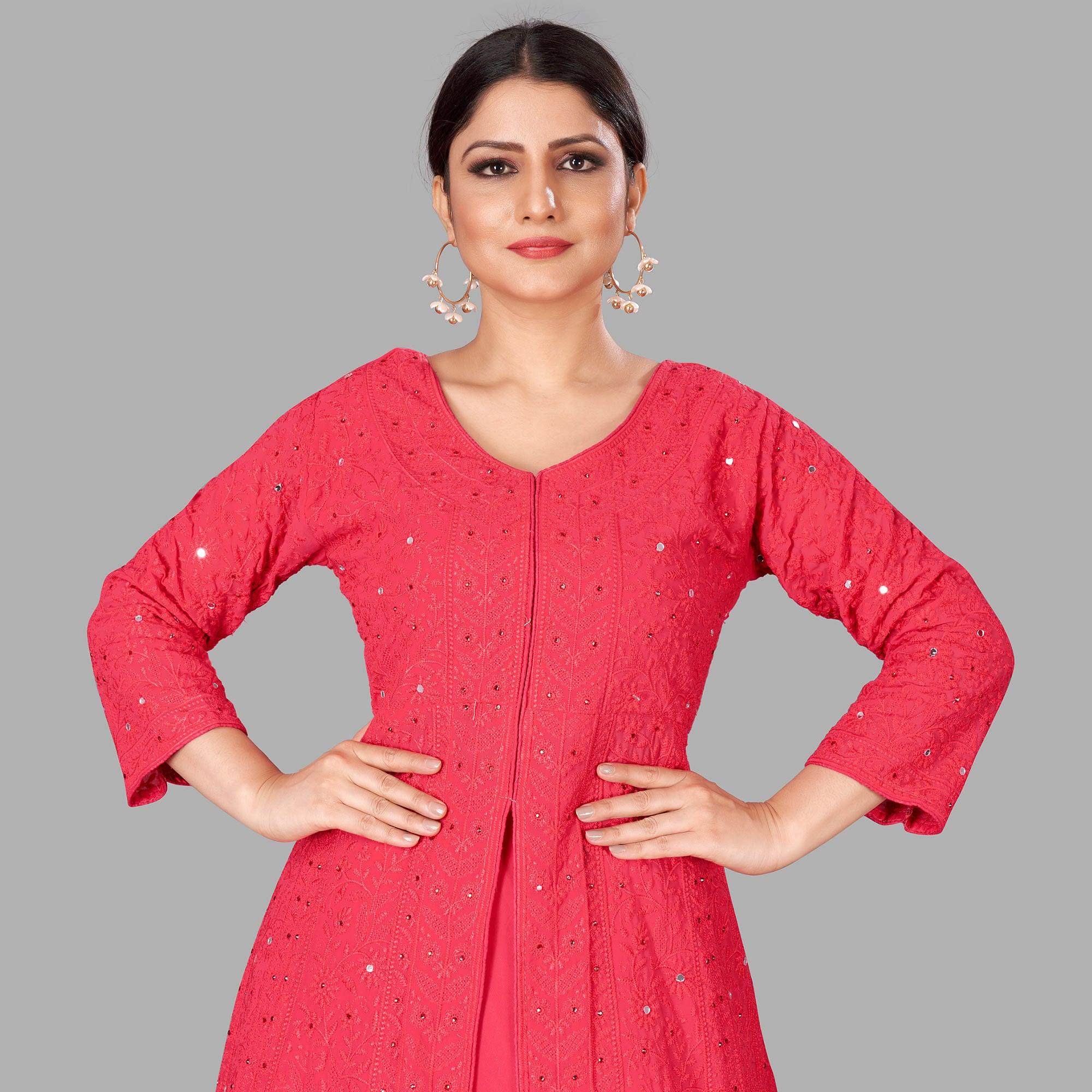 Pink Partywear Embroidered Heavy Faux Georgette A line Anarkali suit - Peachmode