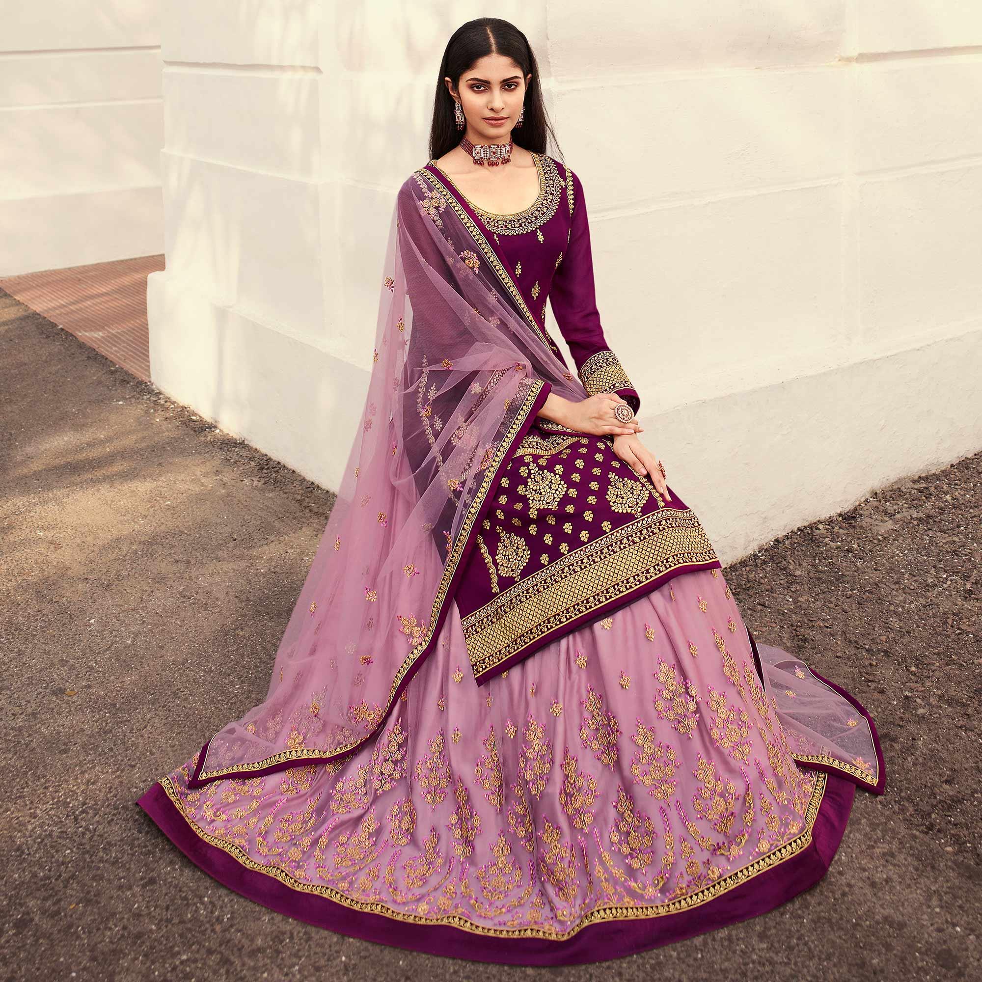 Pink Partywear Embroidered Net Lehenga Choli - Peachmode