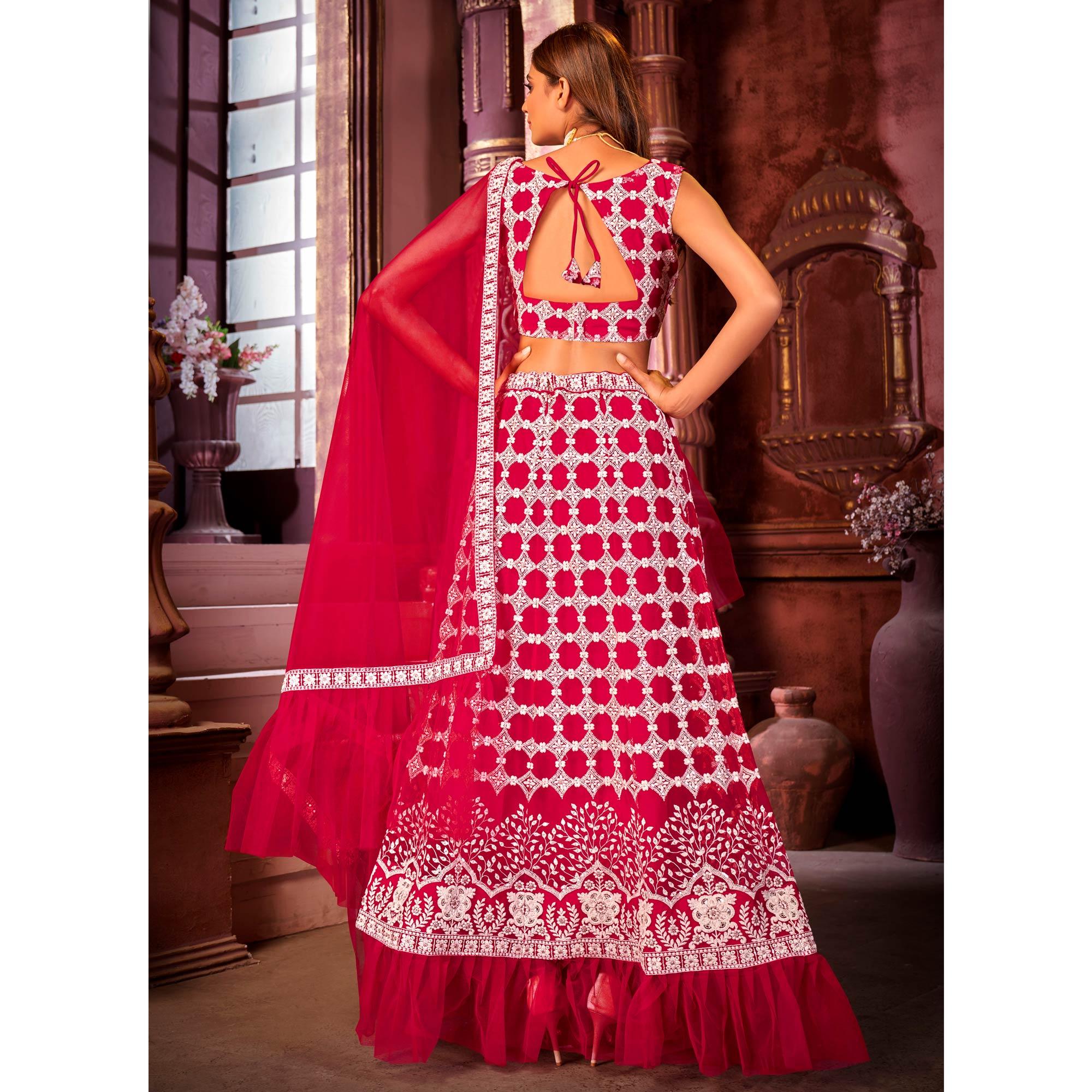 Pink Partywear Embroidered Net Lehenga Choli - Peachmode