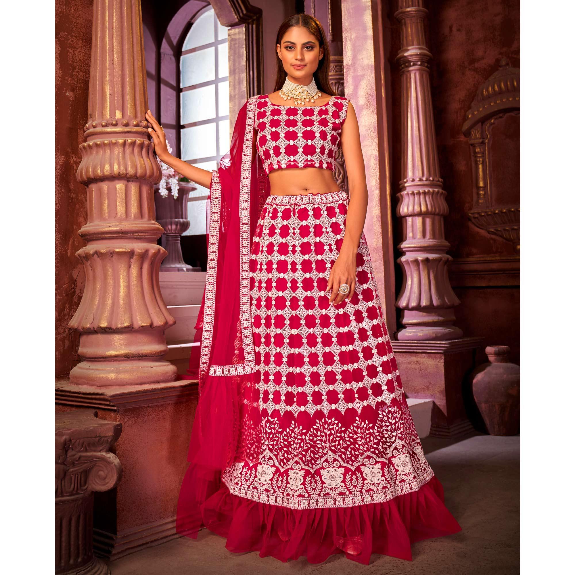 Pink Partywear Embroidered Net Lehenga Choli - Peachmode