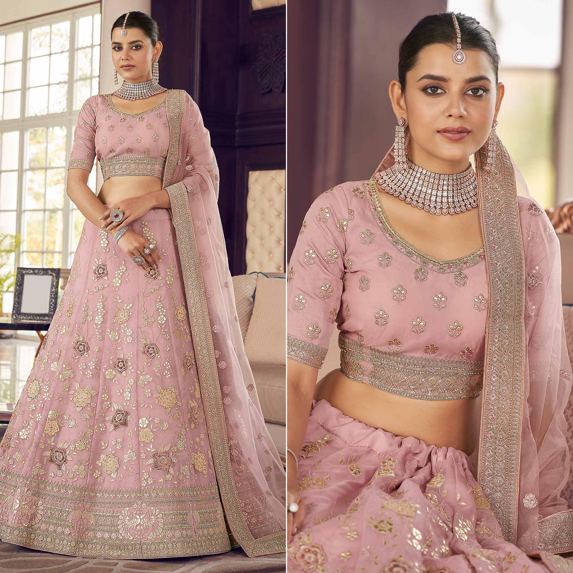 Pink Partywear Embroidered Organza Lehenga Choli - Peachmode