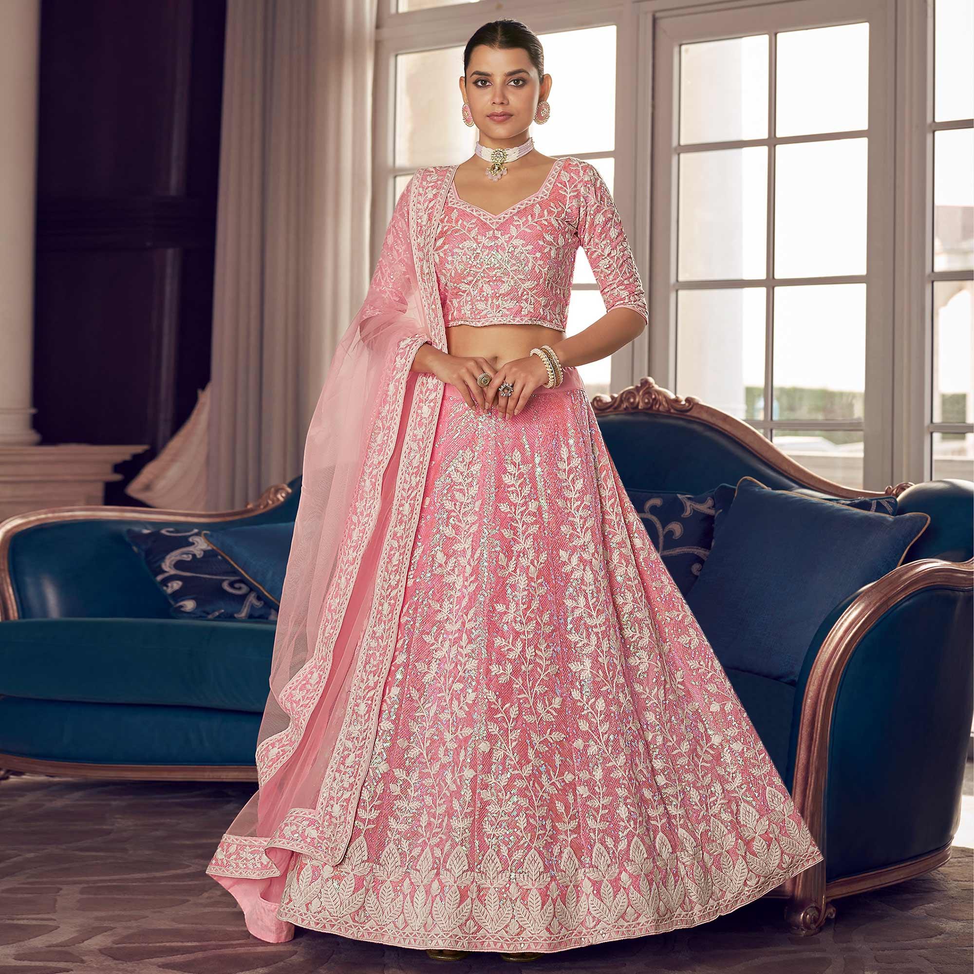 Pink Partywear Embroidered Organza Lehenga Choli - Peachmode