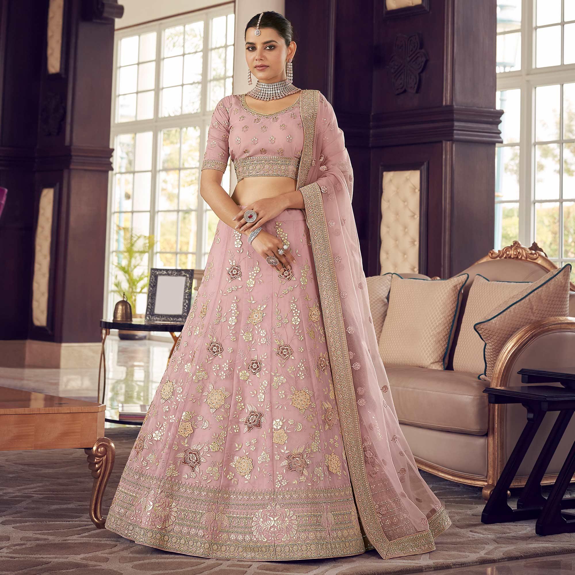 Pink Partywear Embroidered Organza Lehenga Choli - Peachmode