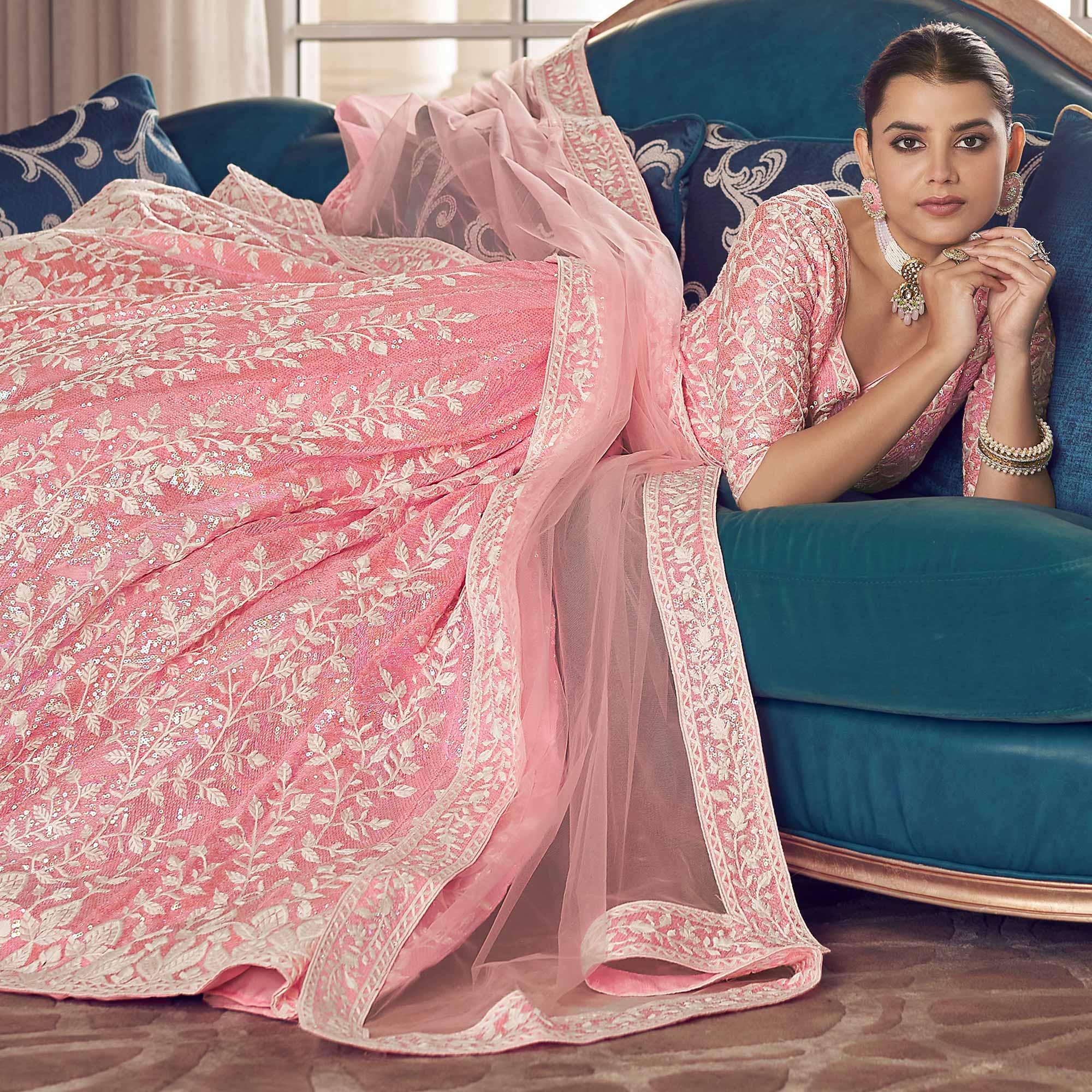 Pink Partywear Embroidered Organza Lehenga Choli - Peachmode