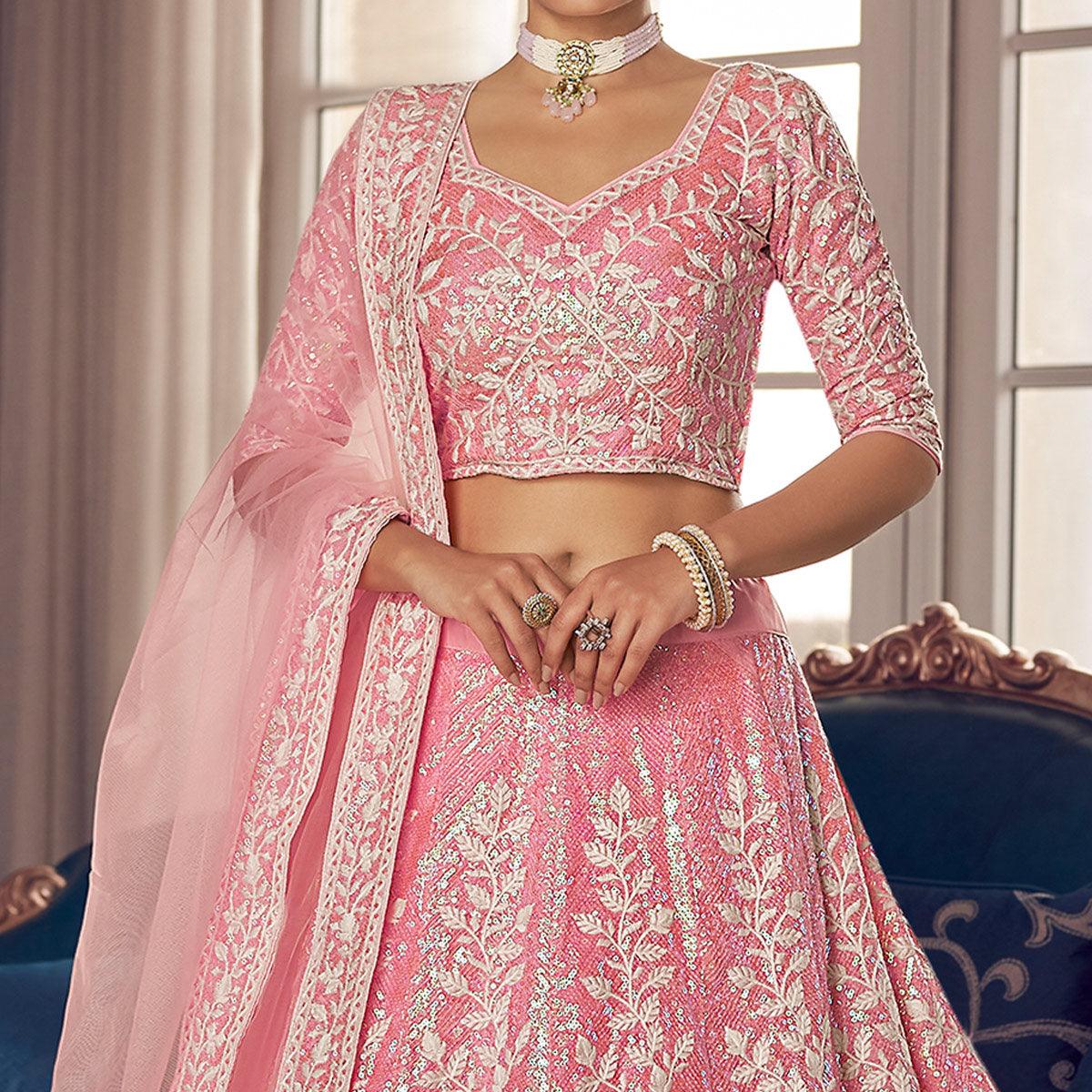 Pink Partywear Embroidered Organza Lehenga Choli - Peachmode