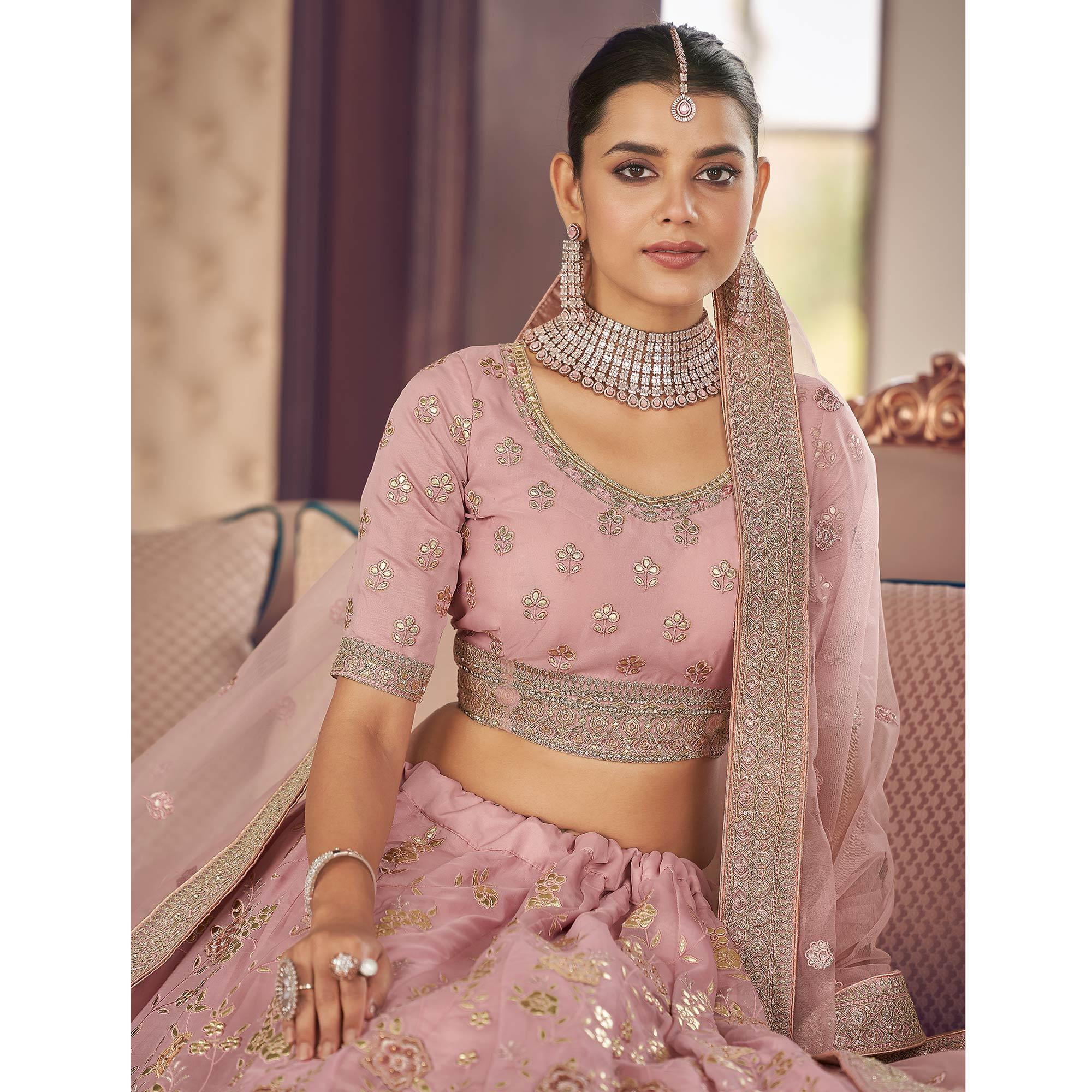 Pink Partywear Embroidered Organza Lehenga Choli - Peachmode
