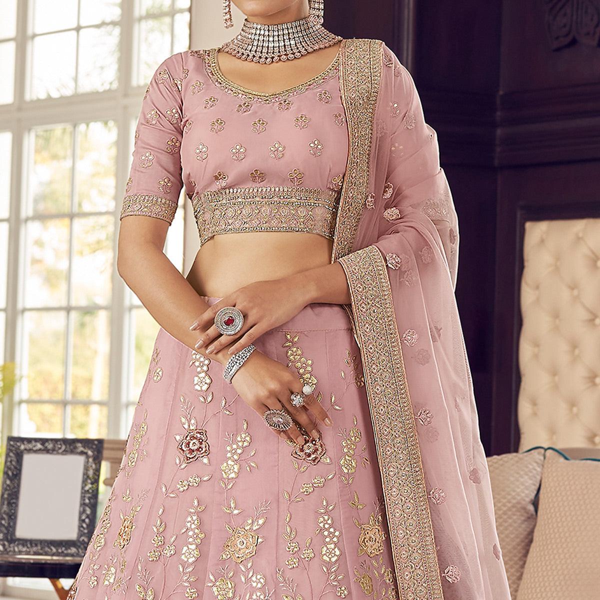 Pink Partywear Embroidered Organza Lehenga Choli - Peachmode
