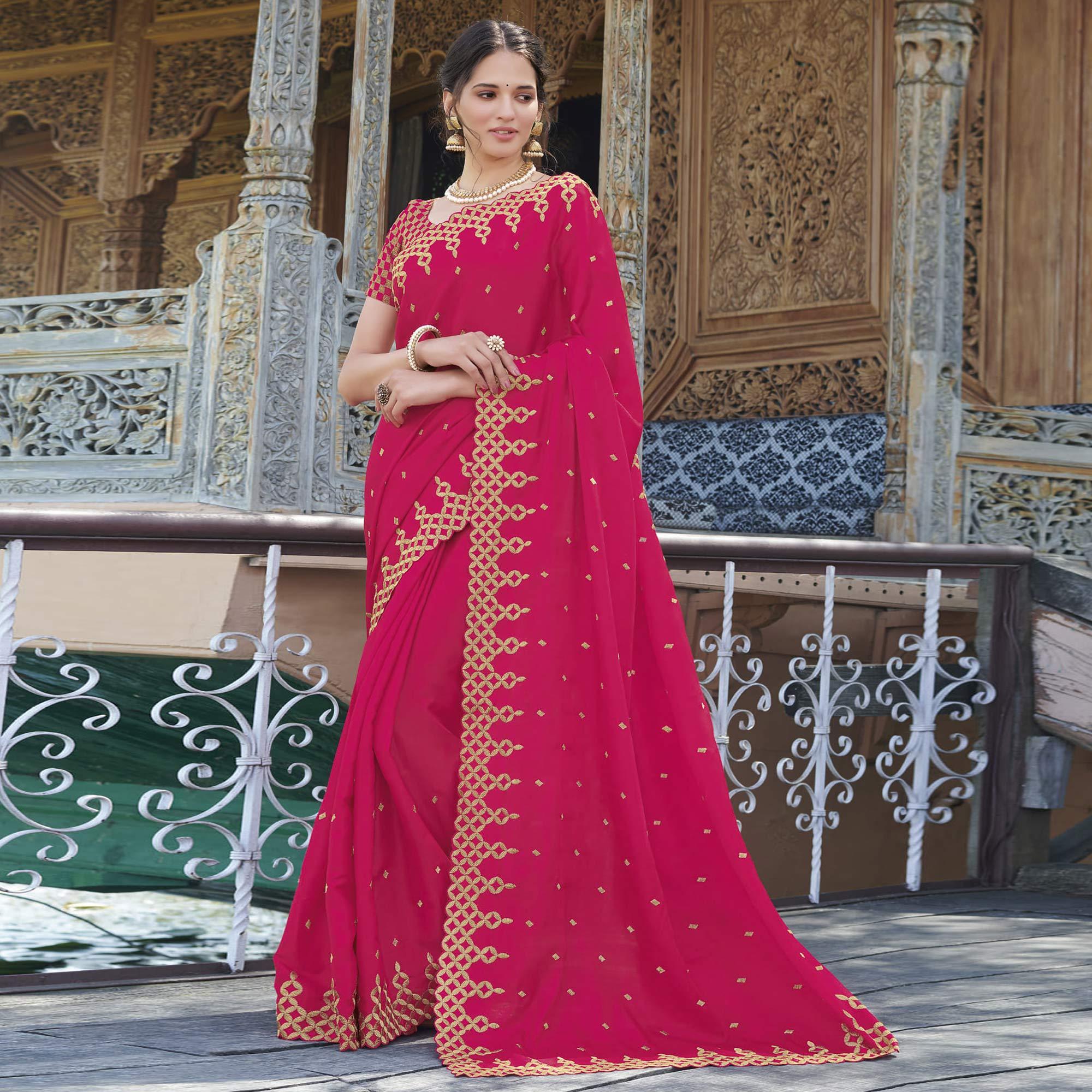 Pink Partywear Embroidered Silk Saree - Peachmode