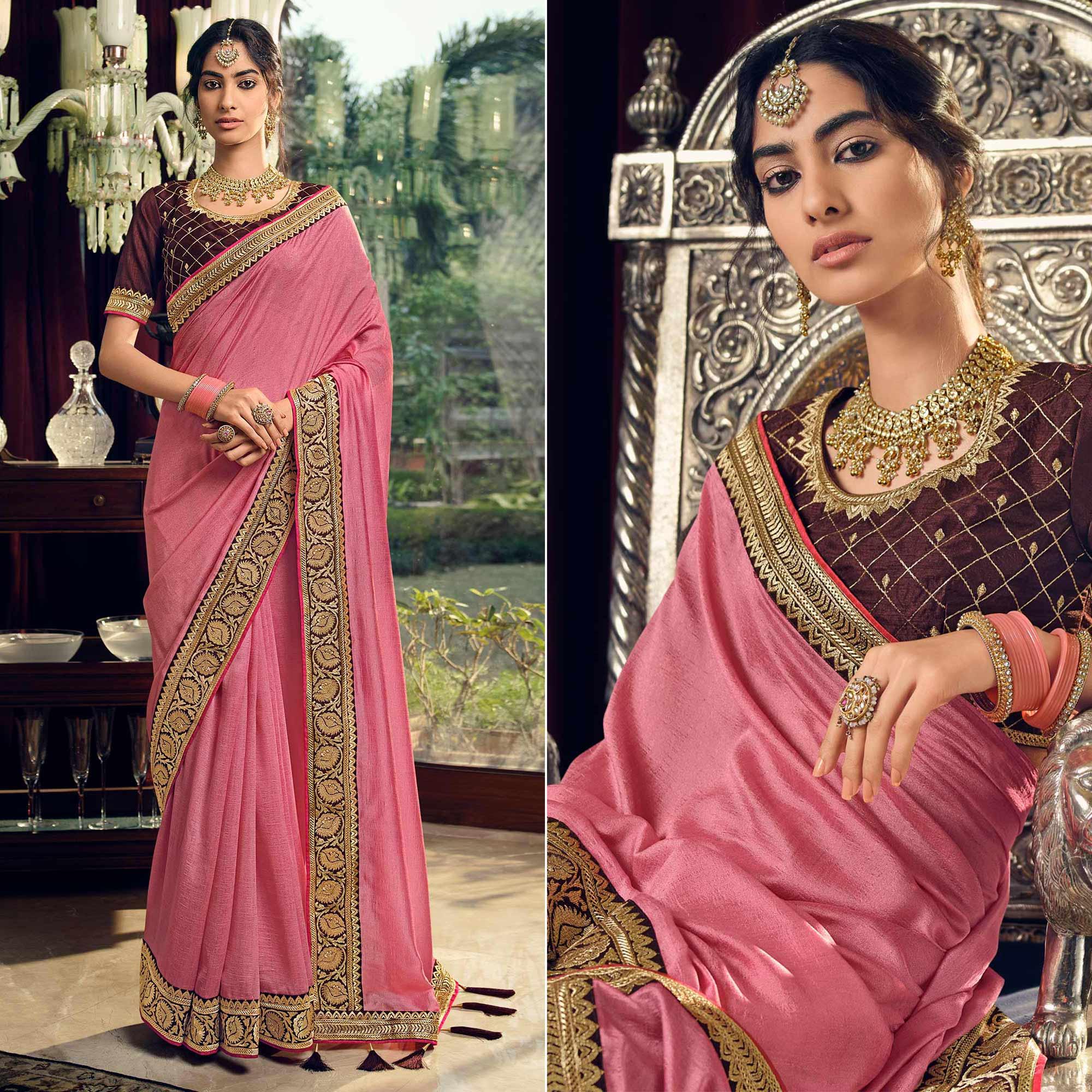Pink Partywear Embroidered Silk Saree - Peachmode