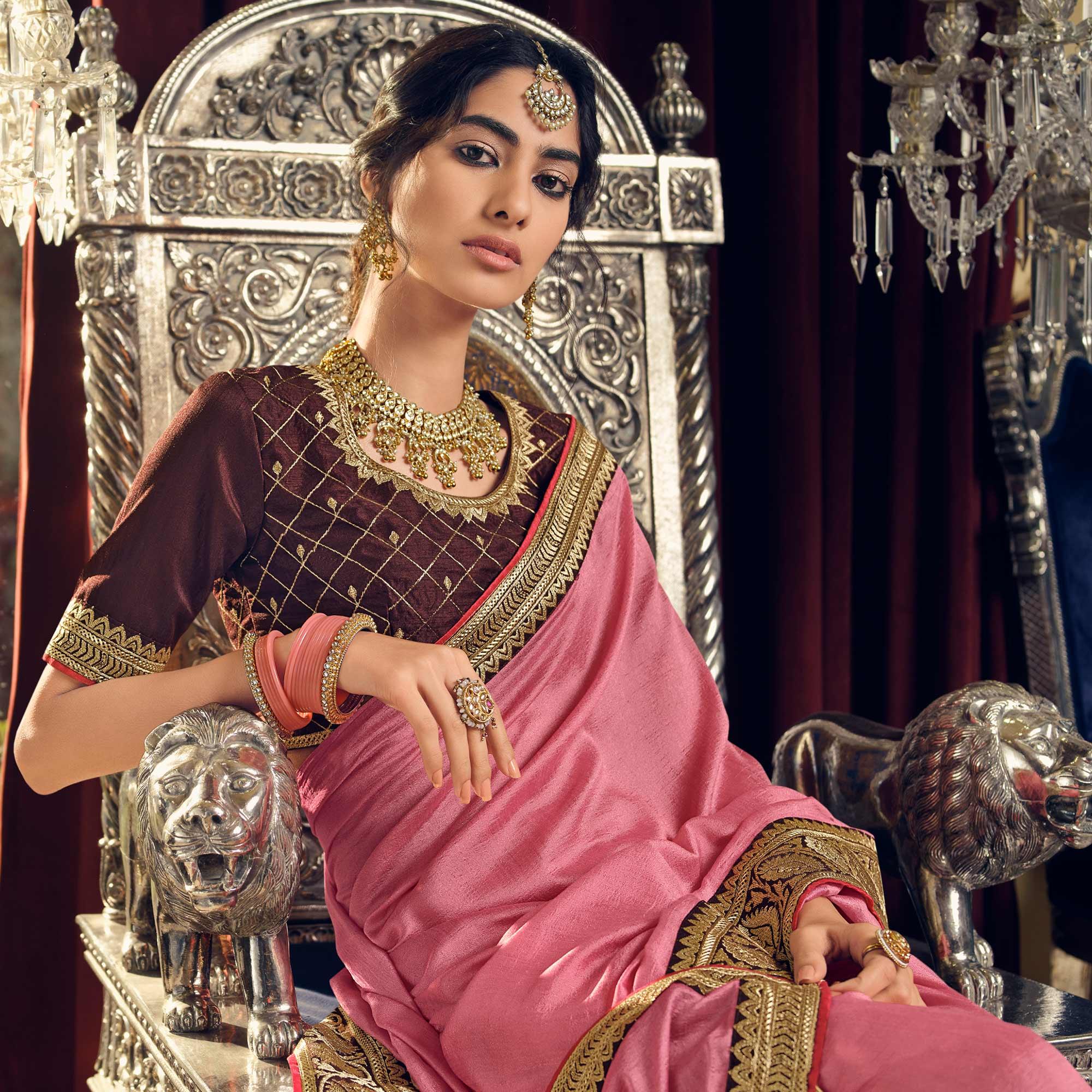 Pink Partywear Embroidered Silk Saree - Peachmode