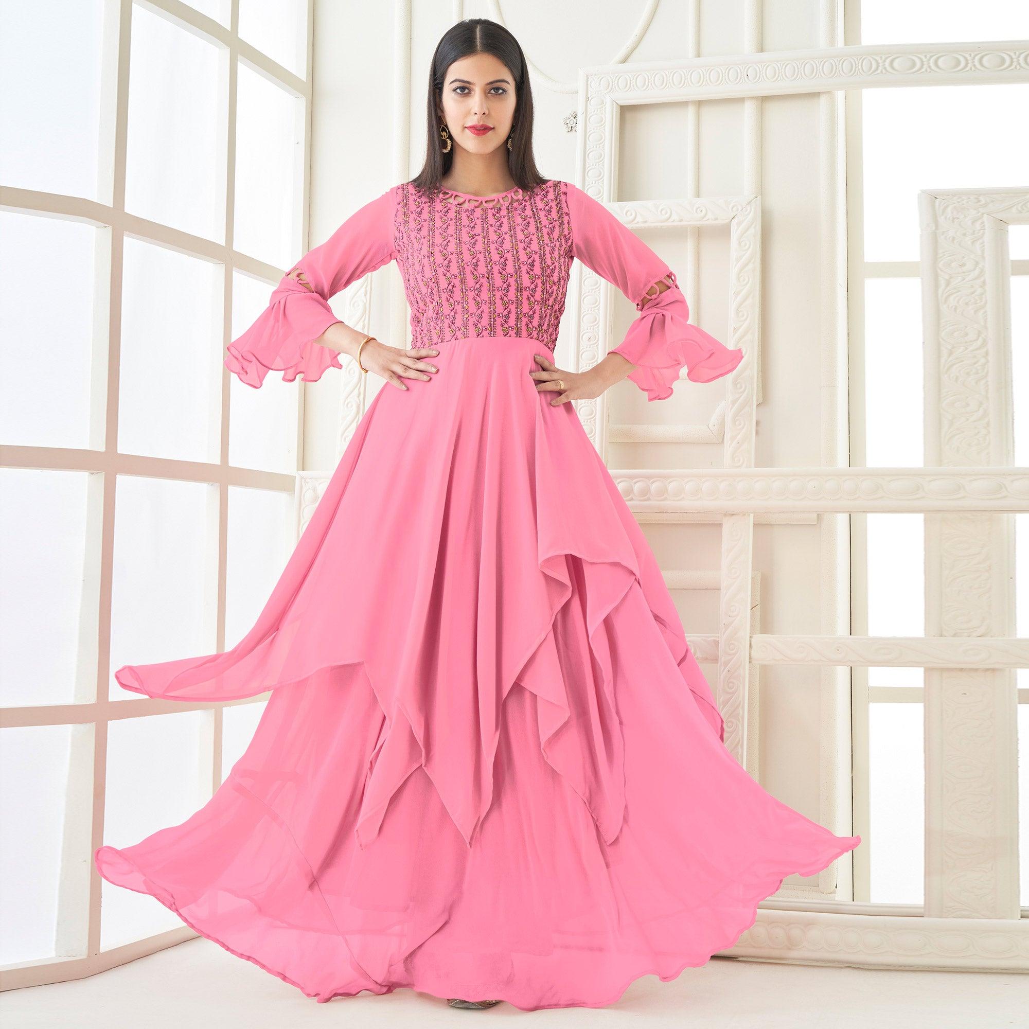 Pink Partywear Embroidered with Handwork Heavy Georgette Gown - Peachmode