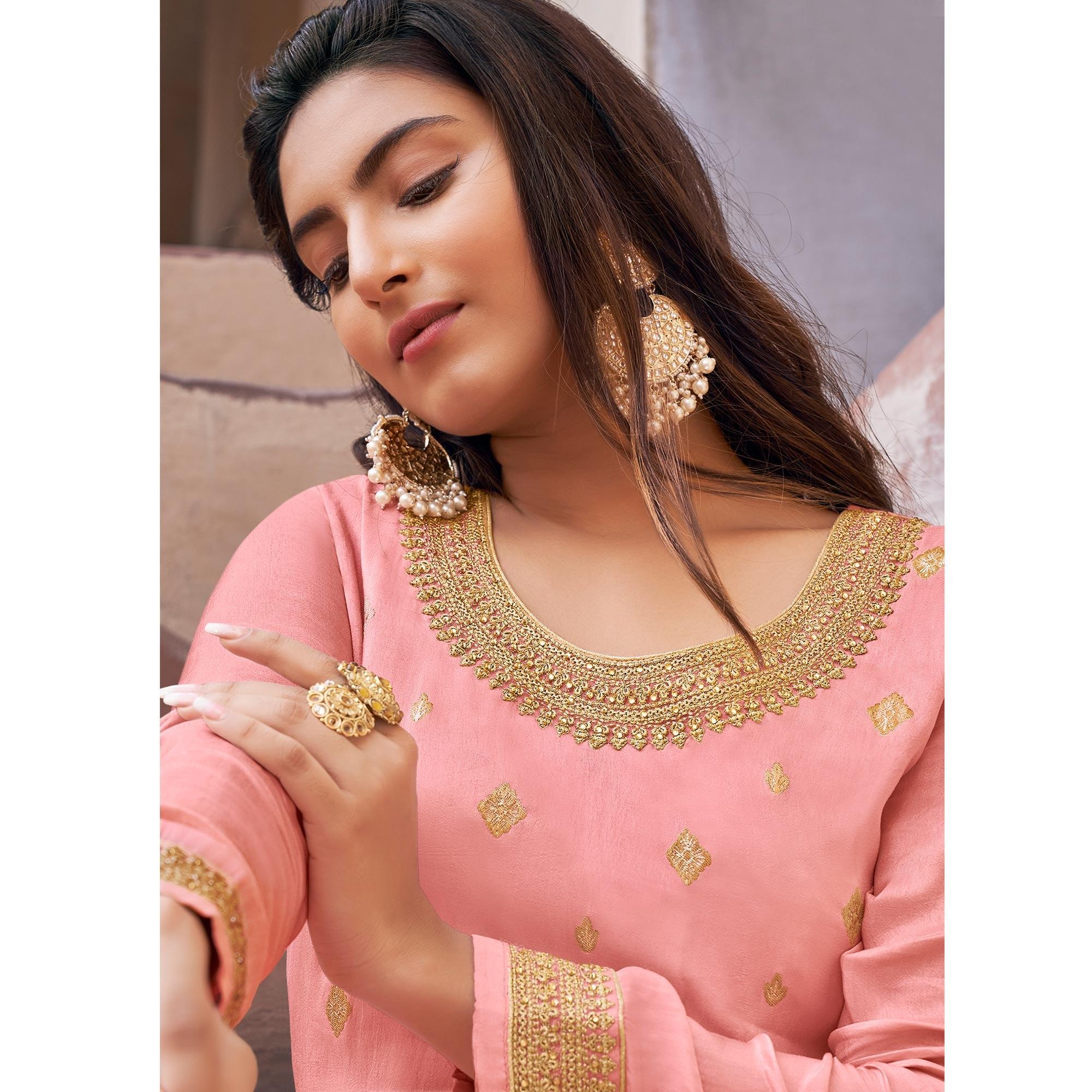 Pink Partywear Embroidered With Stone Work Dola Jacquard Palazzo Suit - Peachmode