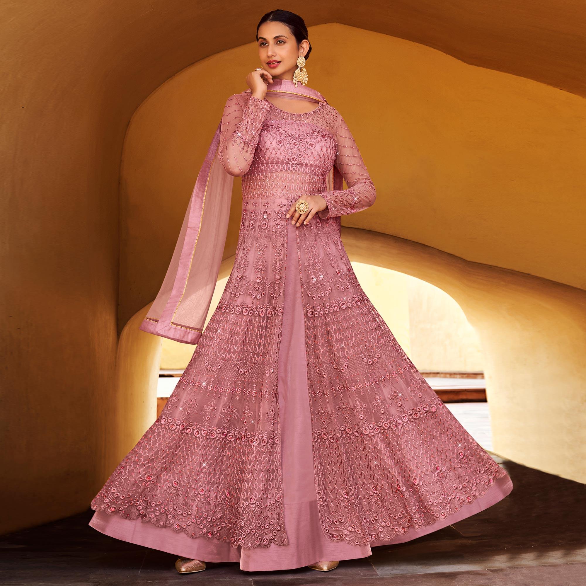 Pink Partywear Embroidered with Swarovski Soft Net Suit - Peachmode