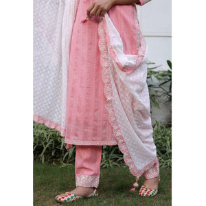 Pink Partywear Embroidery With Embellished Cotton Kurti Pant Set With Dupatta - Peachmode