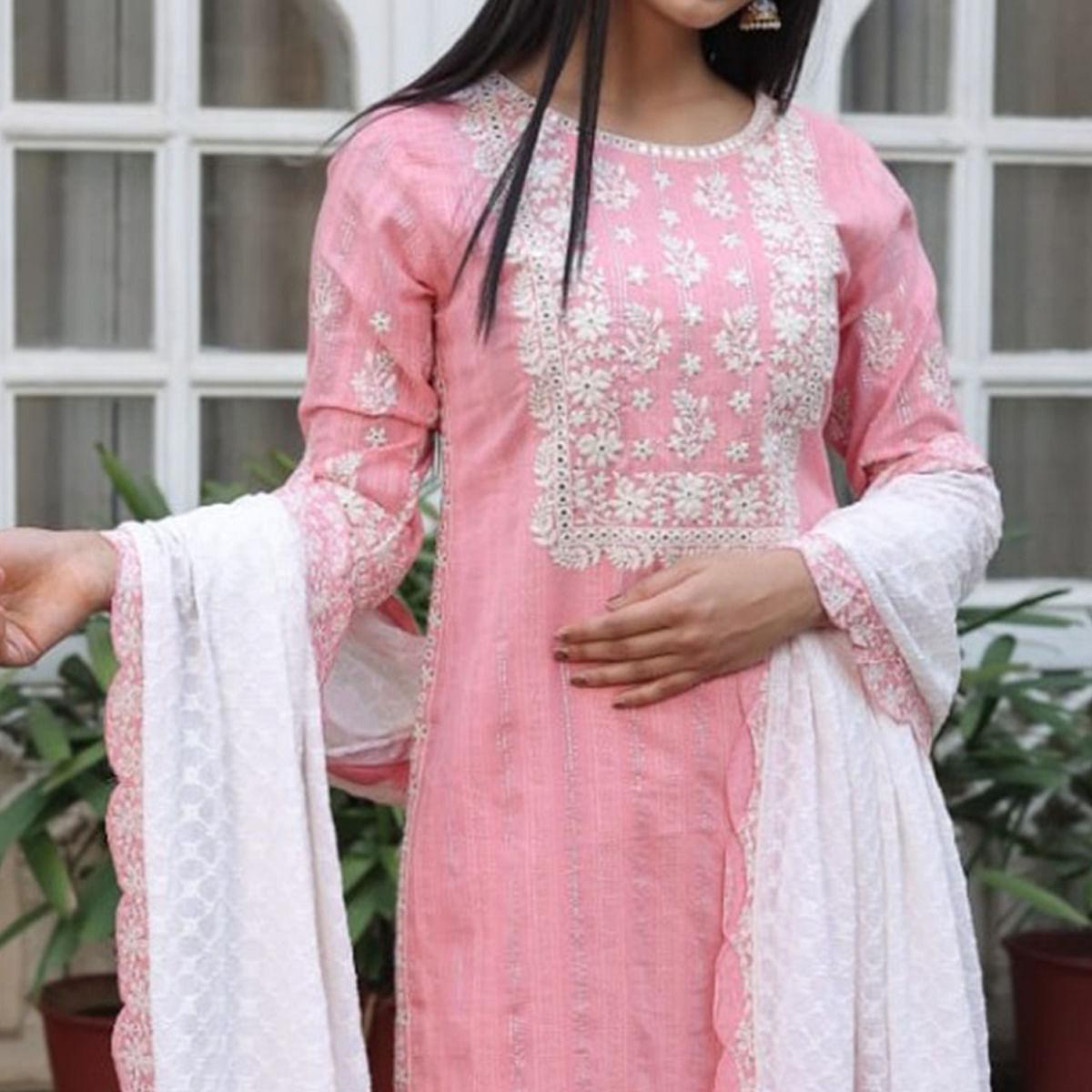 Pink Partywear Embroidery With Embellished Cotton Kurti Pant Set With Dupatta - Peachmode