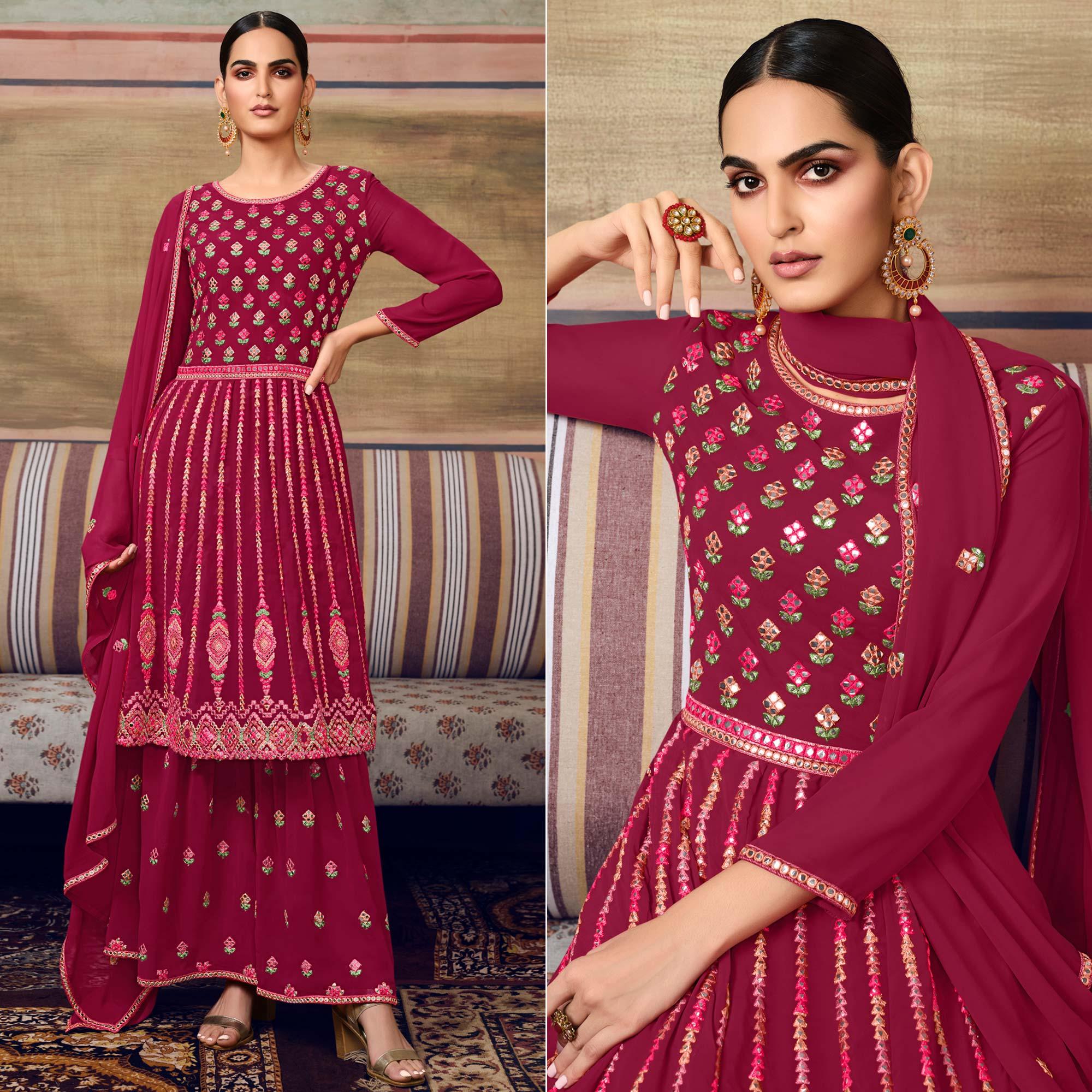 Pink Partywear Embroidery With Embellished Georgette Sharara Suit - Peachmode