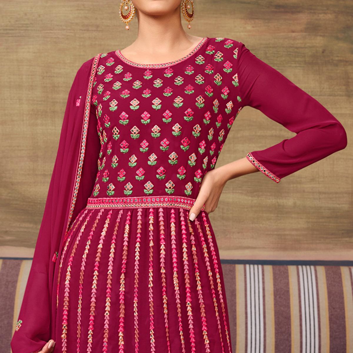 Pink Partywear Embroidery With Embellished Georgette Sharara Suit - Peachmode