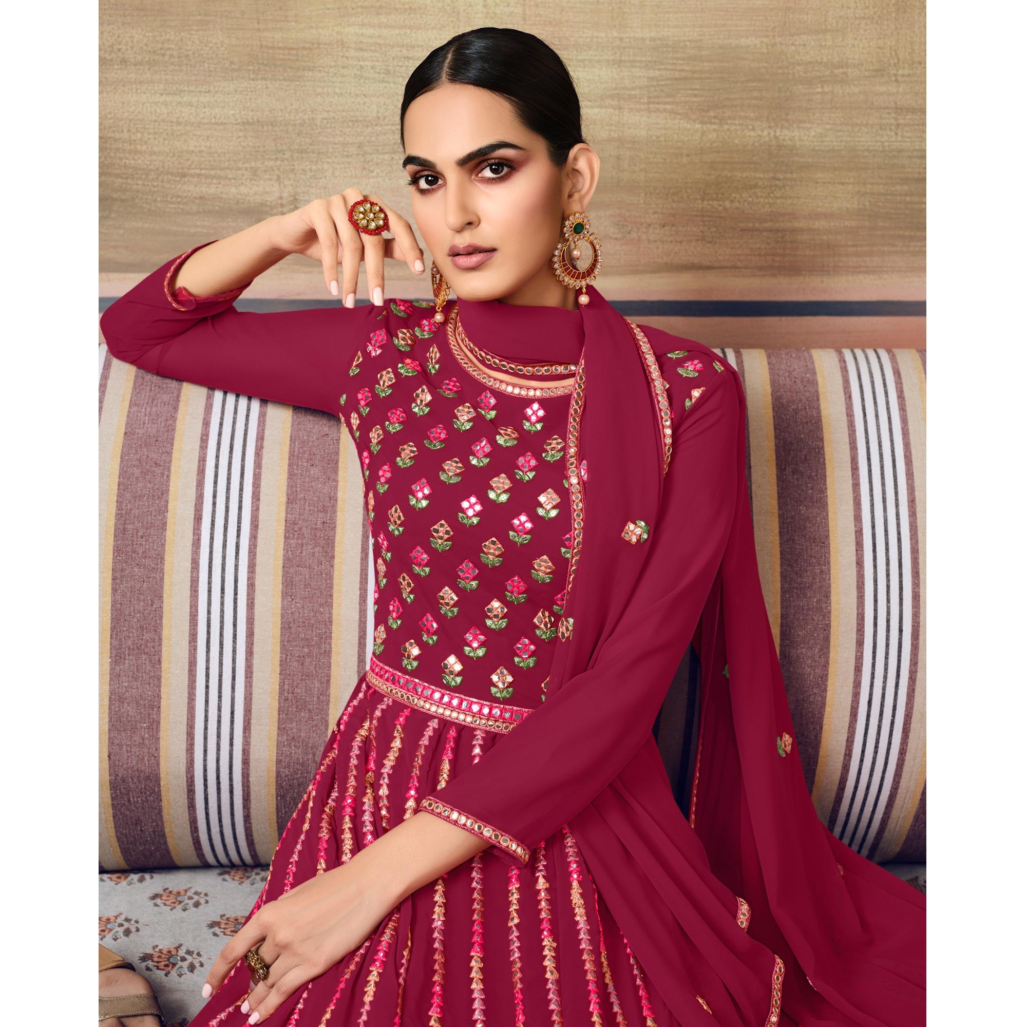 Pink Partywear Embroidery With Embellished Georgette Sharara Suit - Peachmode