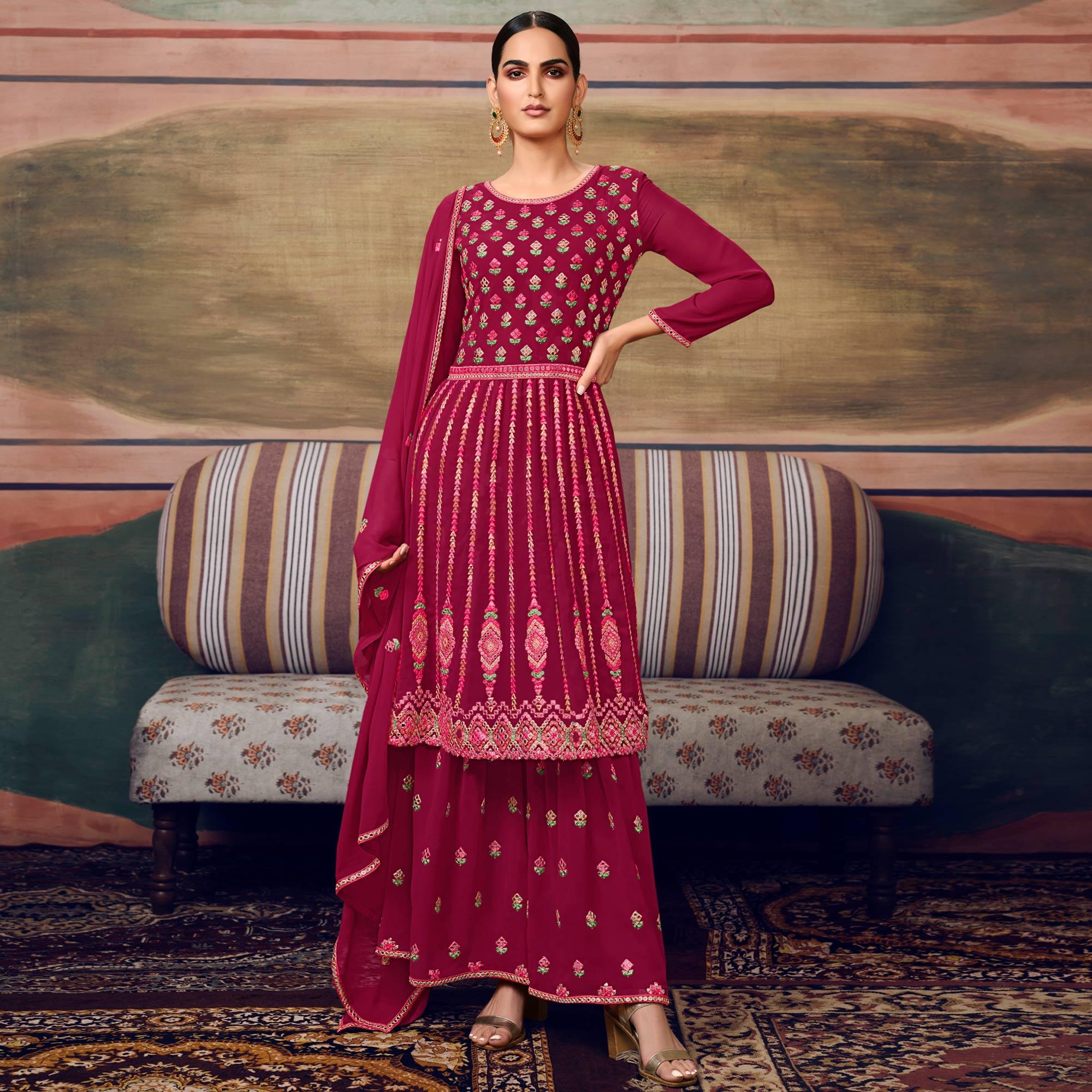 Pink Partywear Embroidery With Embellished Georgette Sharara Suit - Peachmode