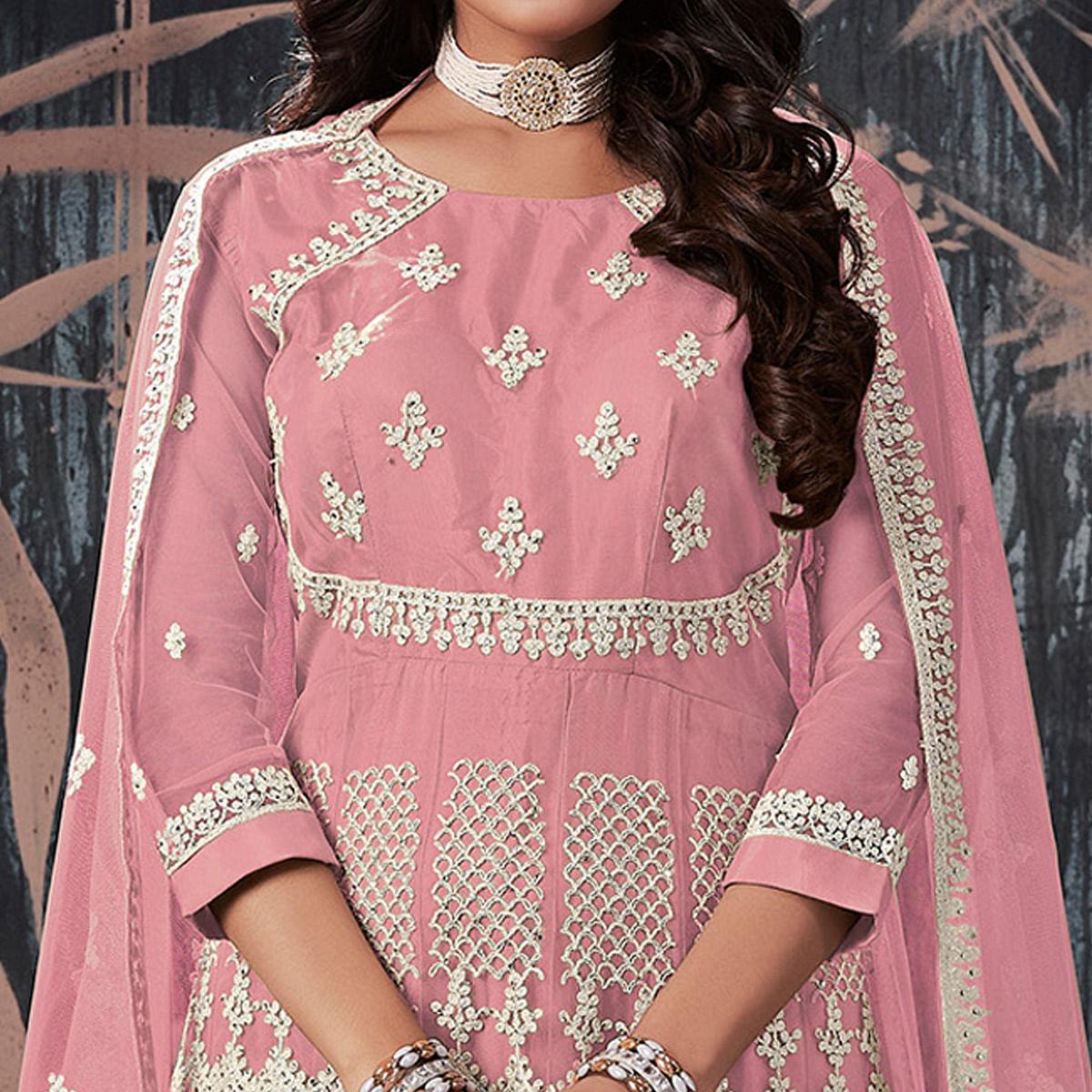 Pink Partywear Embroidery With Embellished Net Gown - Peachmode