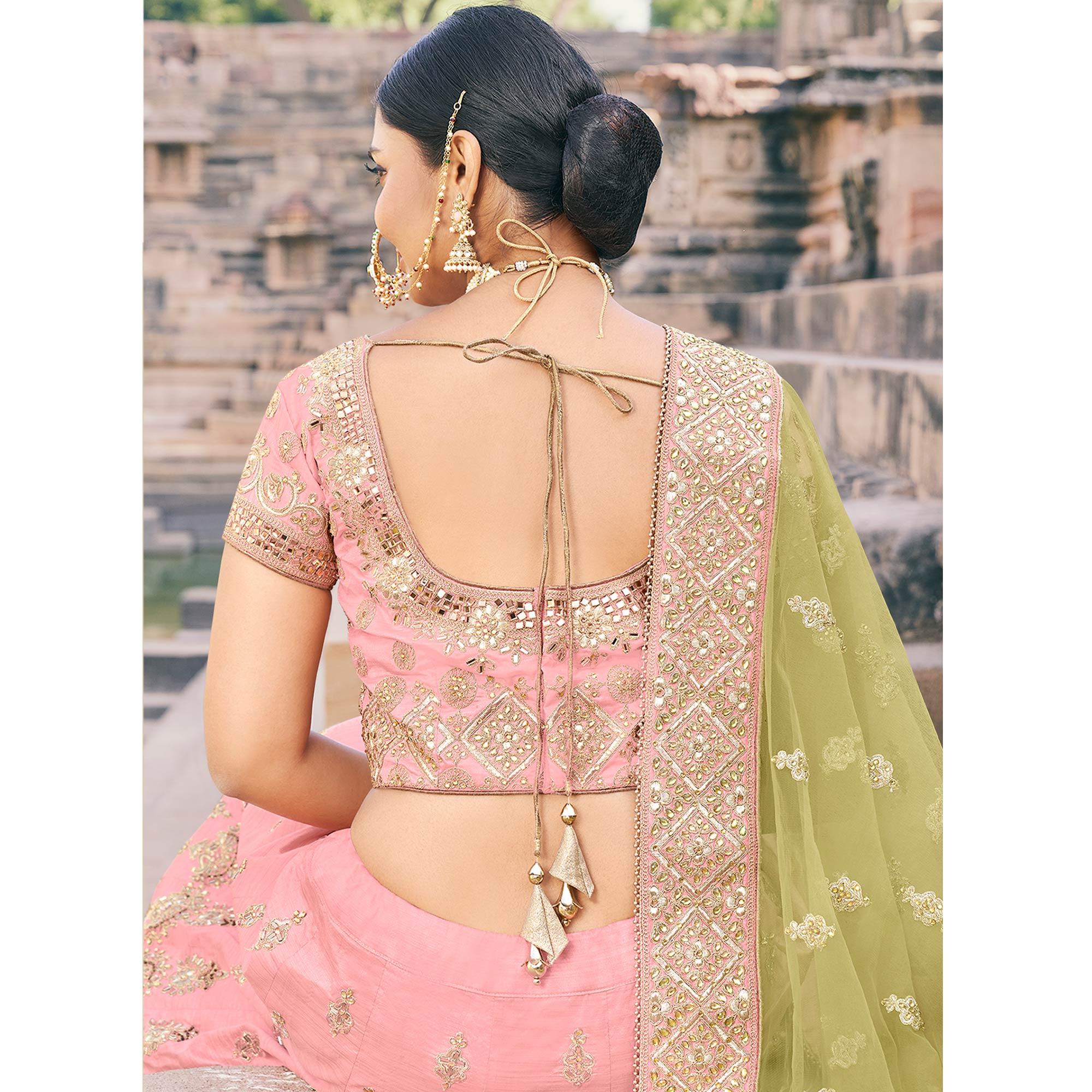 Pink Partywear Embroidery With Zari & Diamond Handloom Silk Lehenga Choli - Peachmode