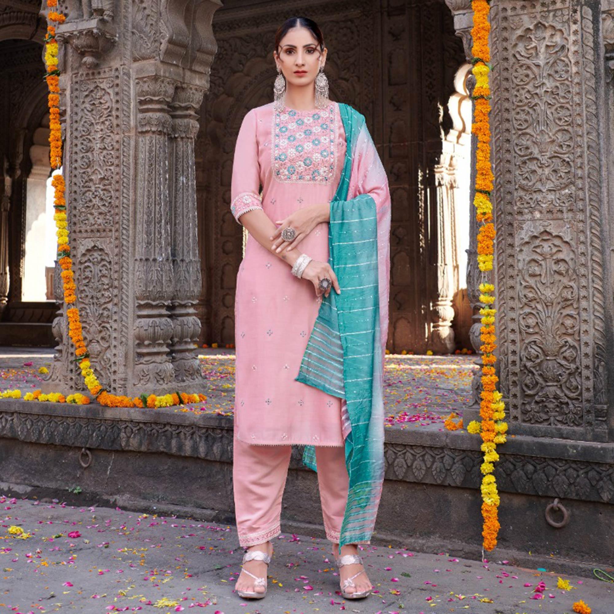 Pink Partywear Floral Embroidered Chanderi Kurti Pant Set With Dupatta - Peachmode