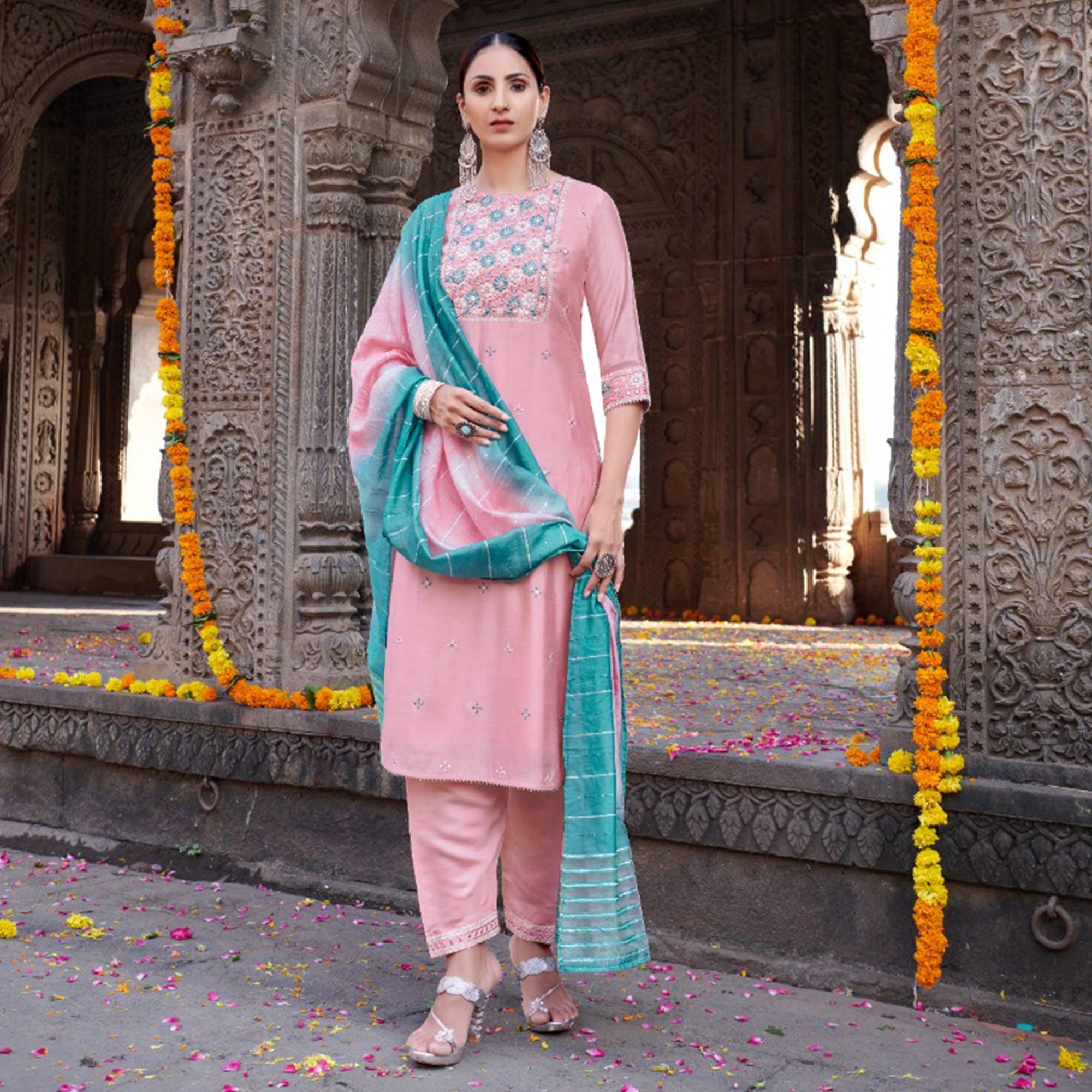 Pink Partywear Floral Embroidered Chanderi Kurti Pant Set With Dupatta - Peachmode