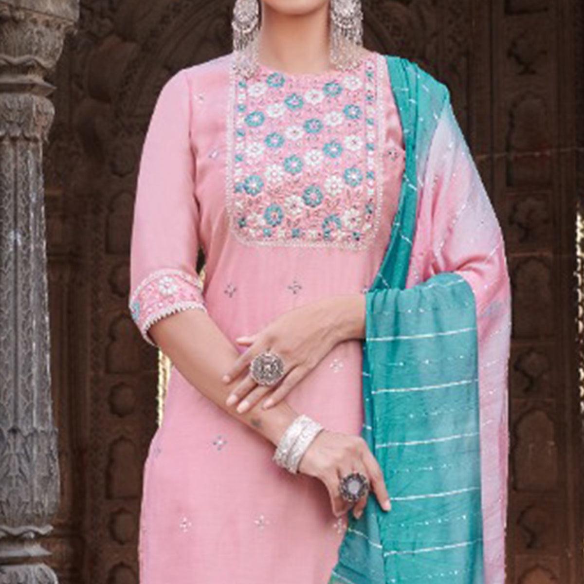 Pink Partywear Floral Embroidered Chanderi Kurti Pant Set With Dupatta - Peachmode