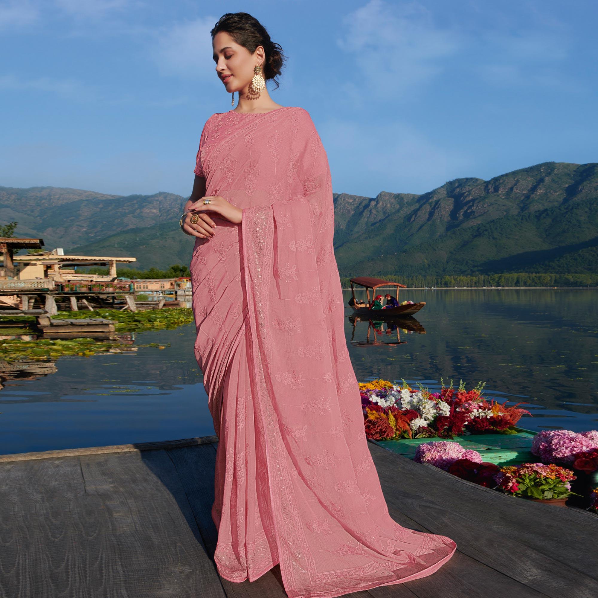 Pink Partywear Floral Embroidered Chiffon Saree - Peachmode