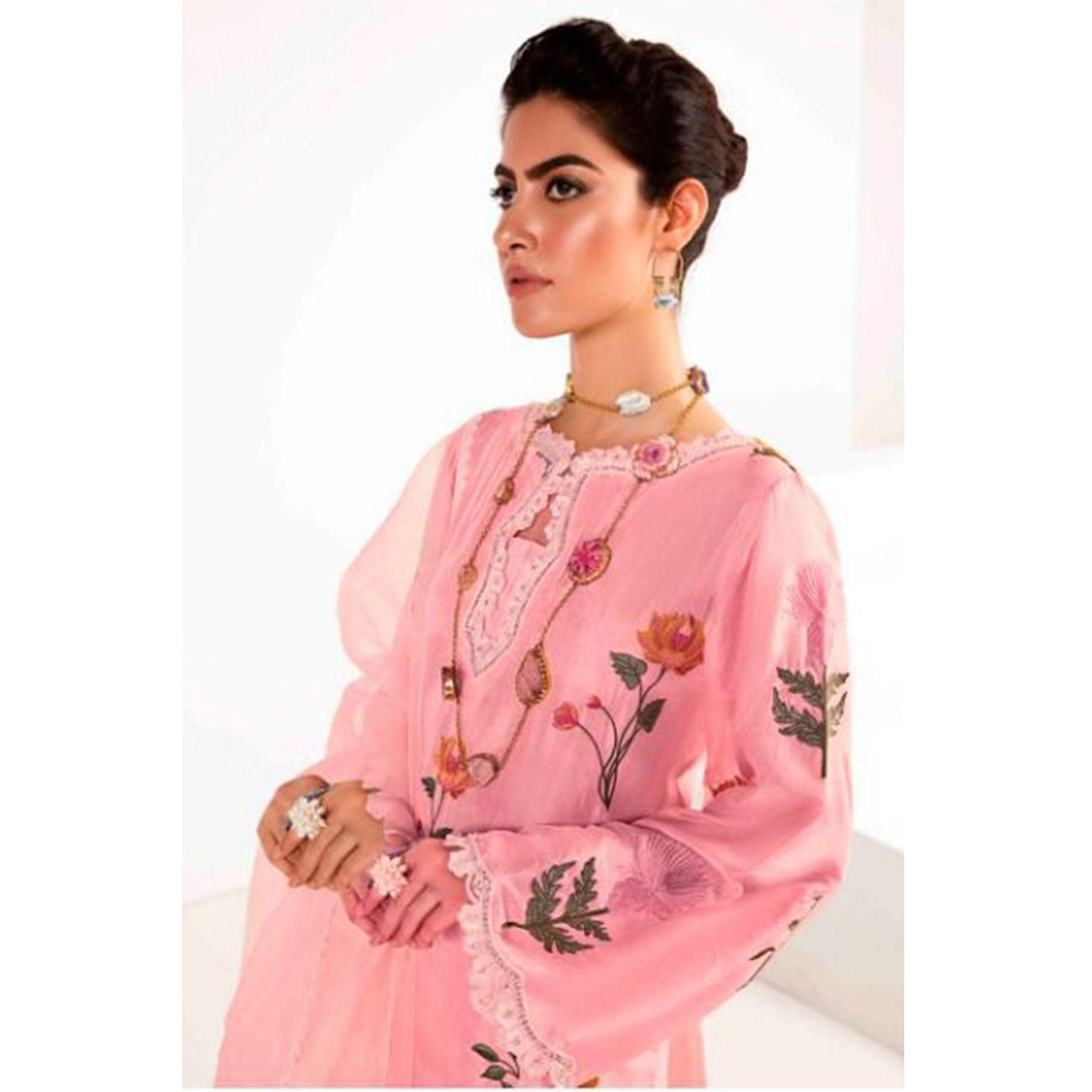 Pink Partywear Floral Embroidered Georgette Pakistani Suit - Peachmode