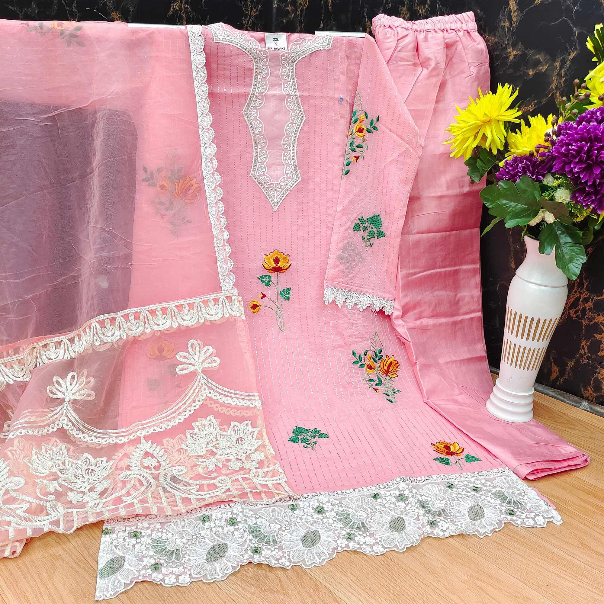 Pink Partywear Floral Embroidered Georgette Pakistani Suit - Peachmode