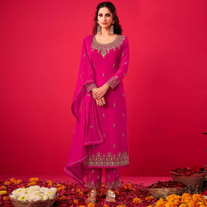 Pink Partywear Floral Embroidered Georgette Straight Salwar Suit - Peachmode