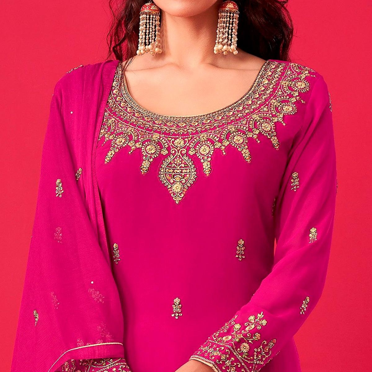 Pink Partywear Floral Embroidered Georgette Straight Salwar Suit - Peachmode