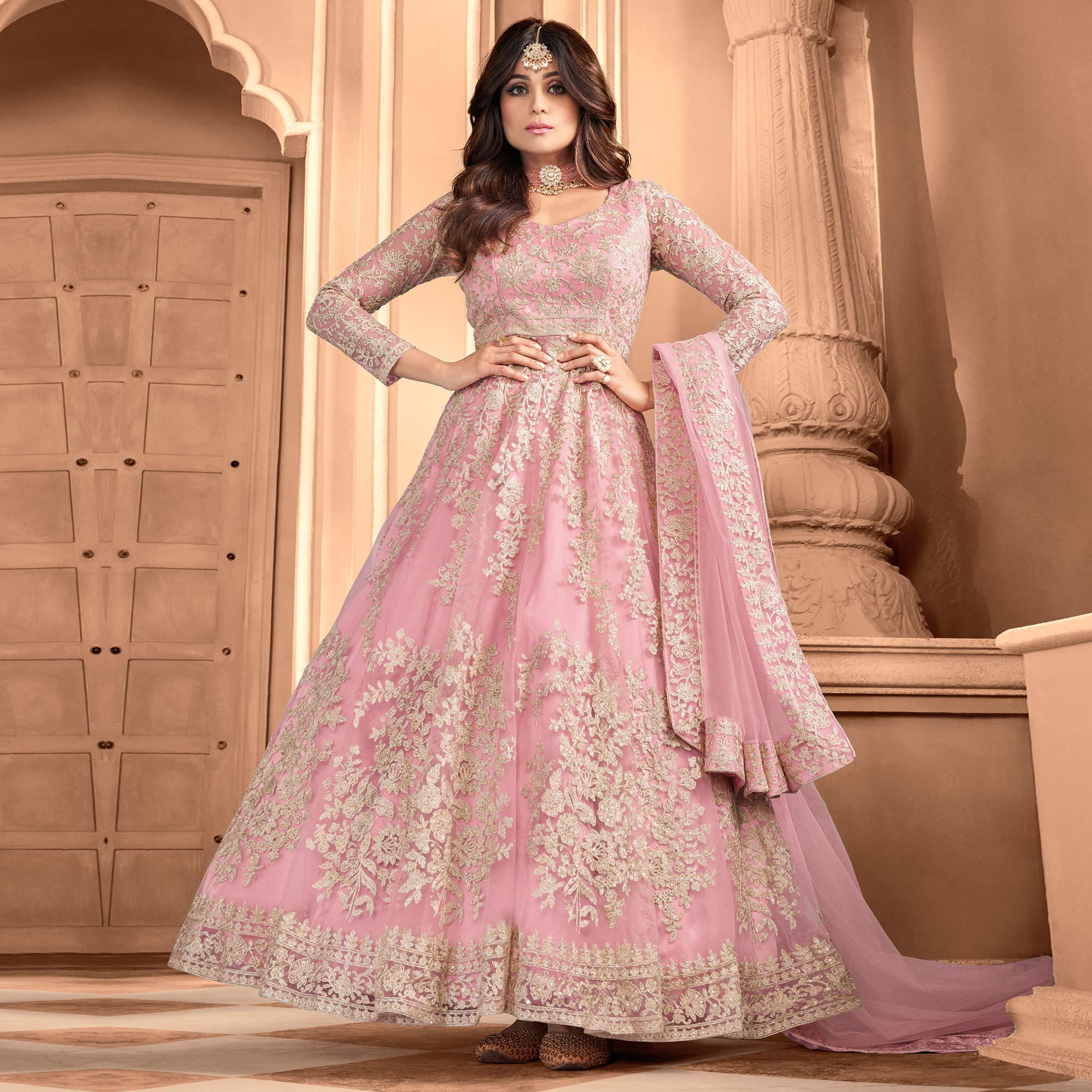 Pink Partywear Floral Embroidered Net Anarkali Suit - Peachmode
