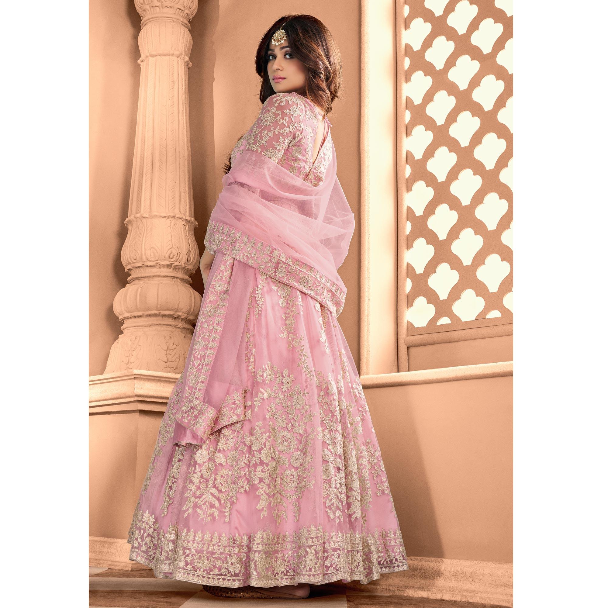Pink Partywear Floral Embroidered Net Anarkali Suit - Peachmode