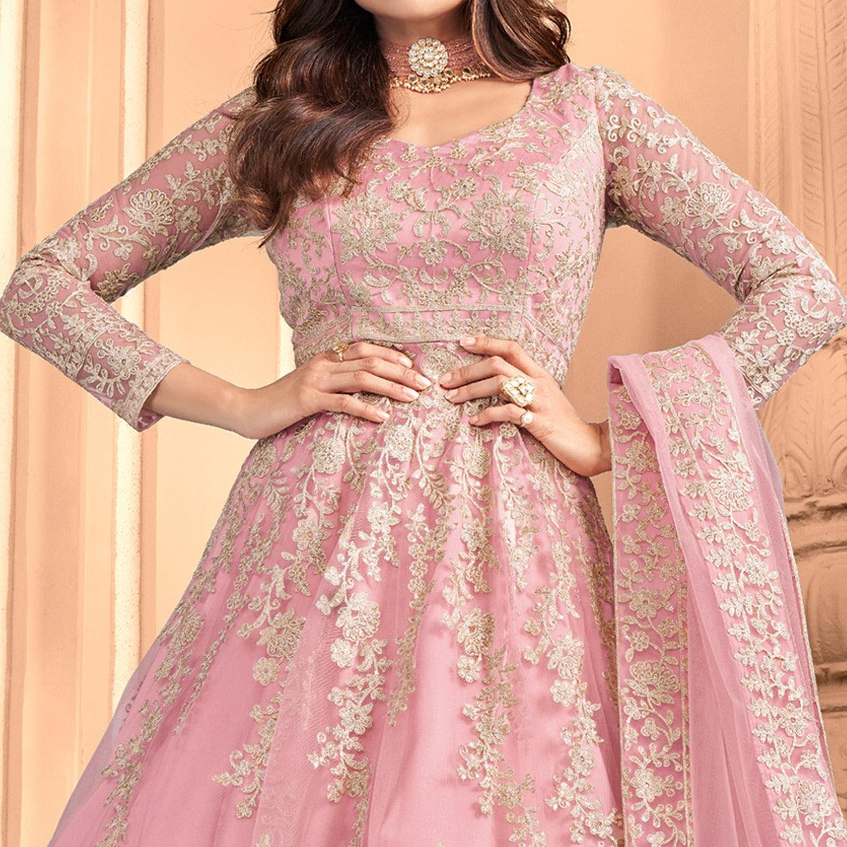 Pink Partywear Floral Embroidered Net Anarkali Suit - Peachmode