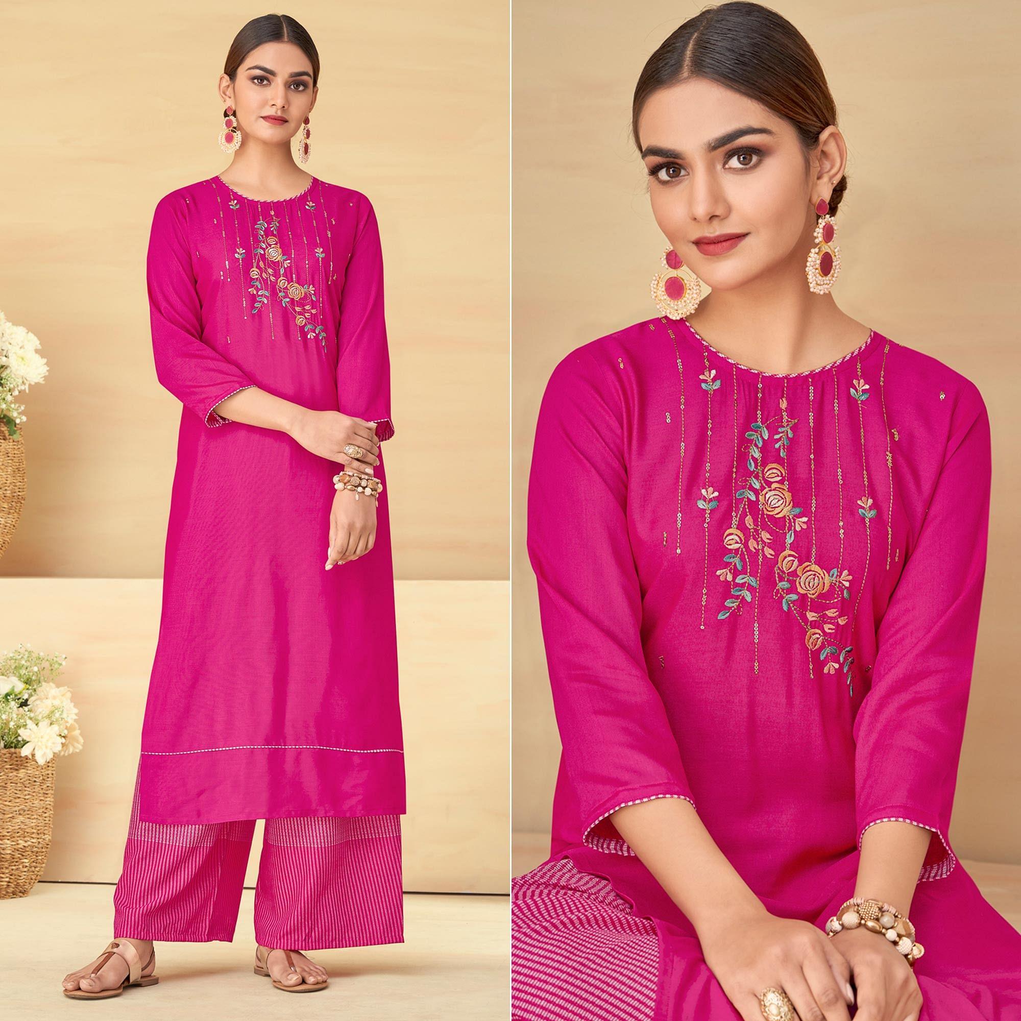 Pink Partywear Floral Embroidered Rayon Kurti Palazzo Set - Peachmode