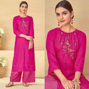 Pink Partywear Floral Embroidered Rayon Kurti Palazzo Set - Peachmode